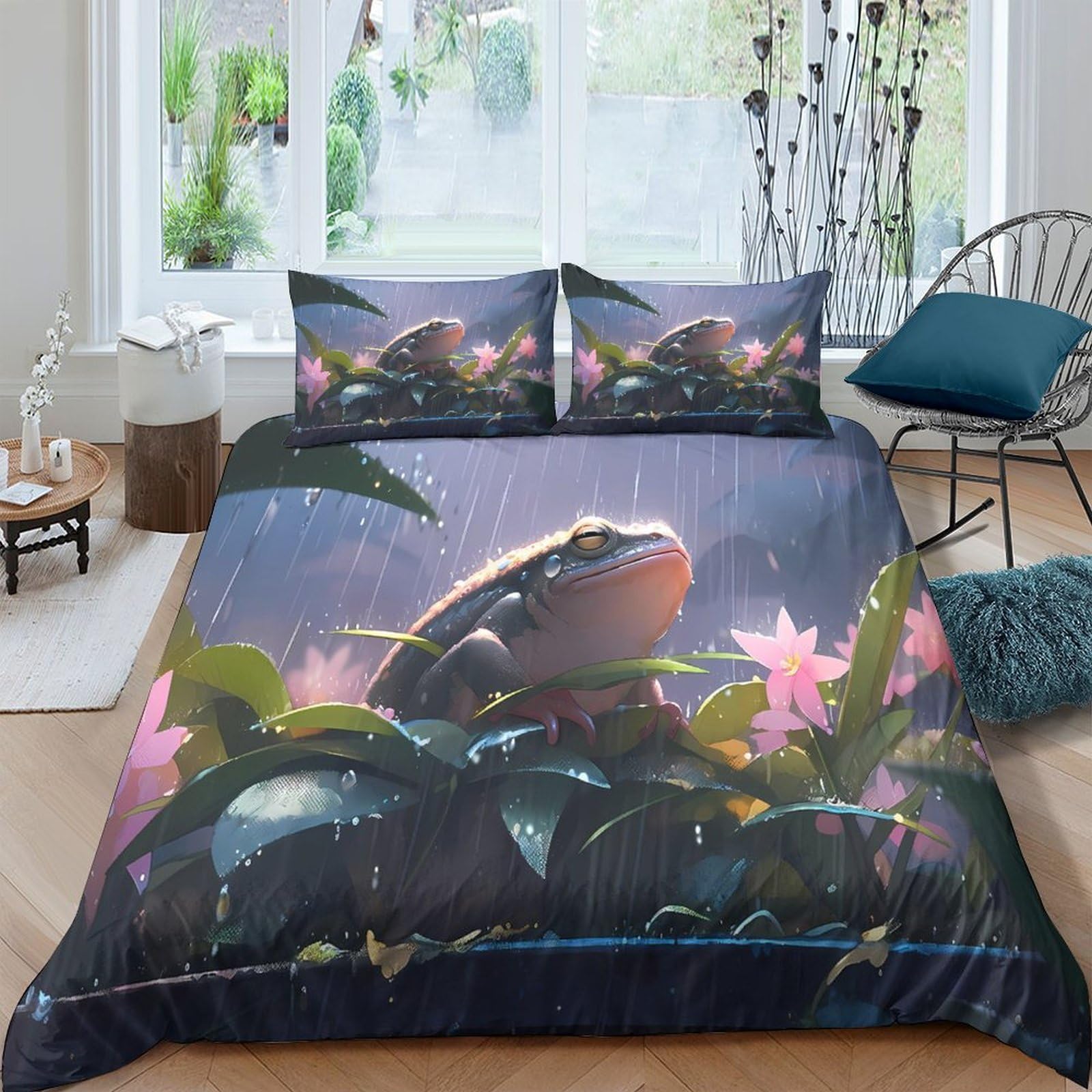 Ctjqhvkz Style-7 3D Printed Rainforest Frog Fitted Sheet Microfiber Soft Breathable Lotus Pond Mattress Cover Bedroom Decor Single（135X200cm）