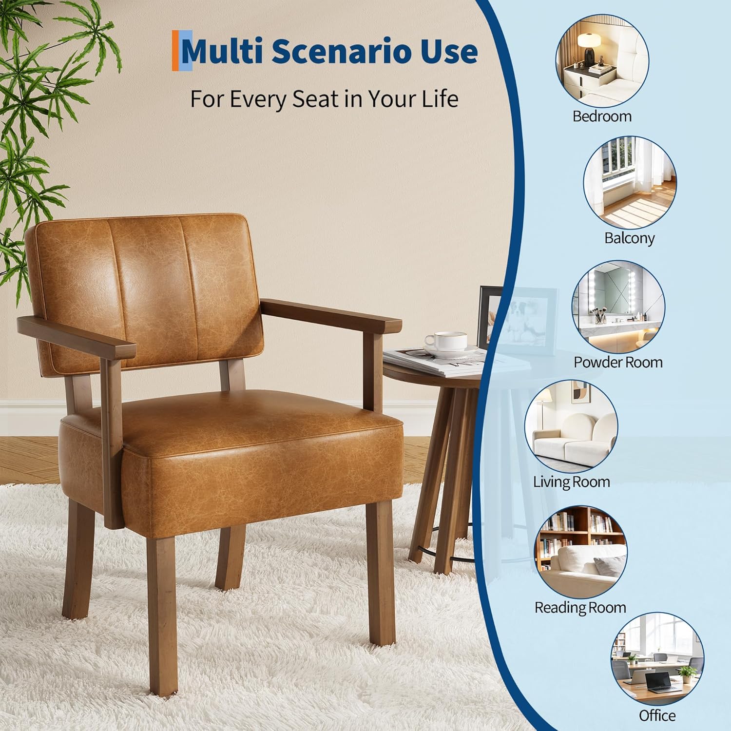 Garvee Mid-Century Accent Chair Set of 2 with Wood Frame, PU Leather Upholstered Lounge Arm Chair with Classic Vertical Stripe Reading Leisure Chair for Living Room, Bedroom, Balcony, Brown