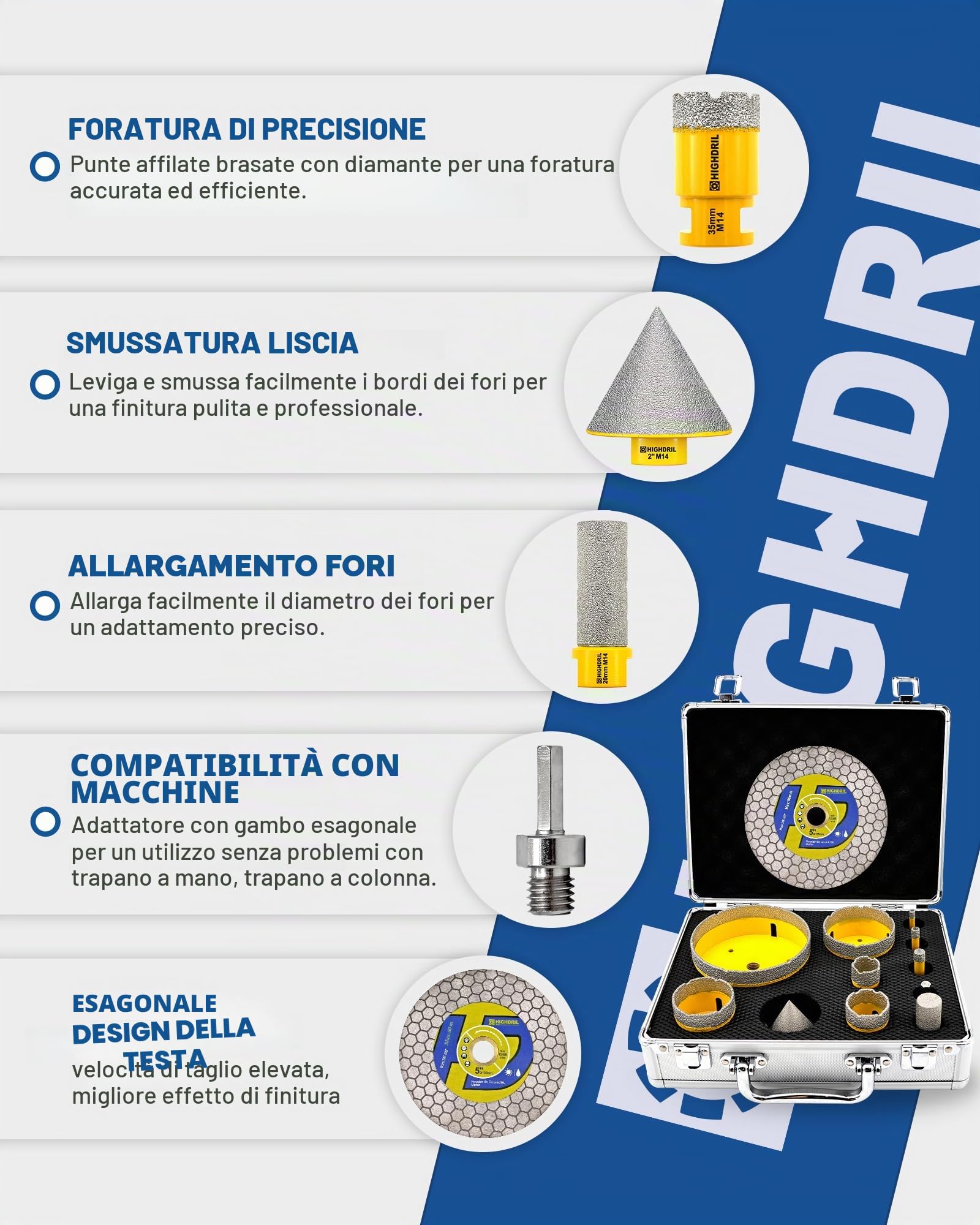 HIGHDRIL Sega a Tazza Diamantata 12 Pezzi-Punta Diamantata 6/8/10/25/35/50/68/110mm con Fresa Smussatura 50mm,Fresa Dito 20mm,Adattatore,Disco per Piastrelle,Porcellana,Ceramica,Granito,Marmo