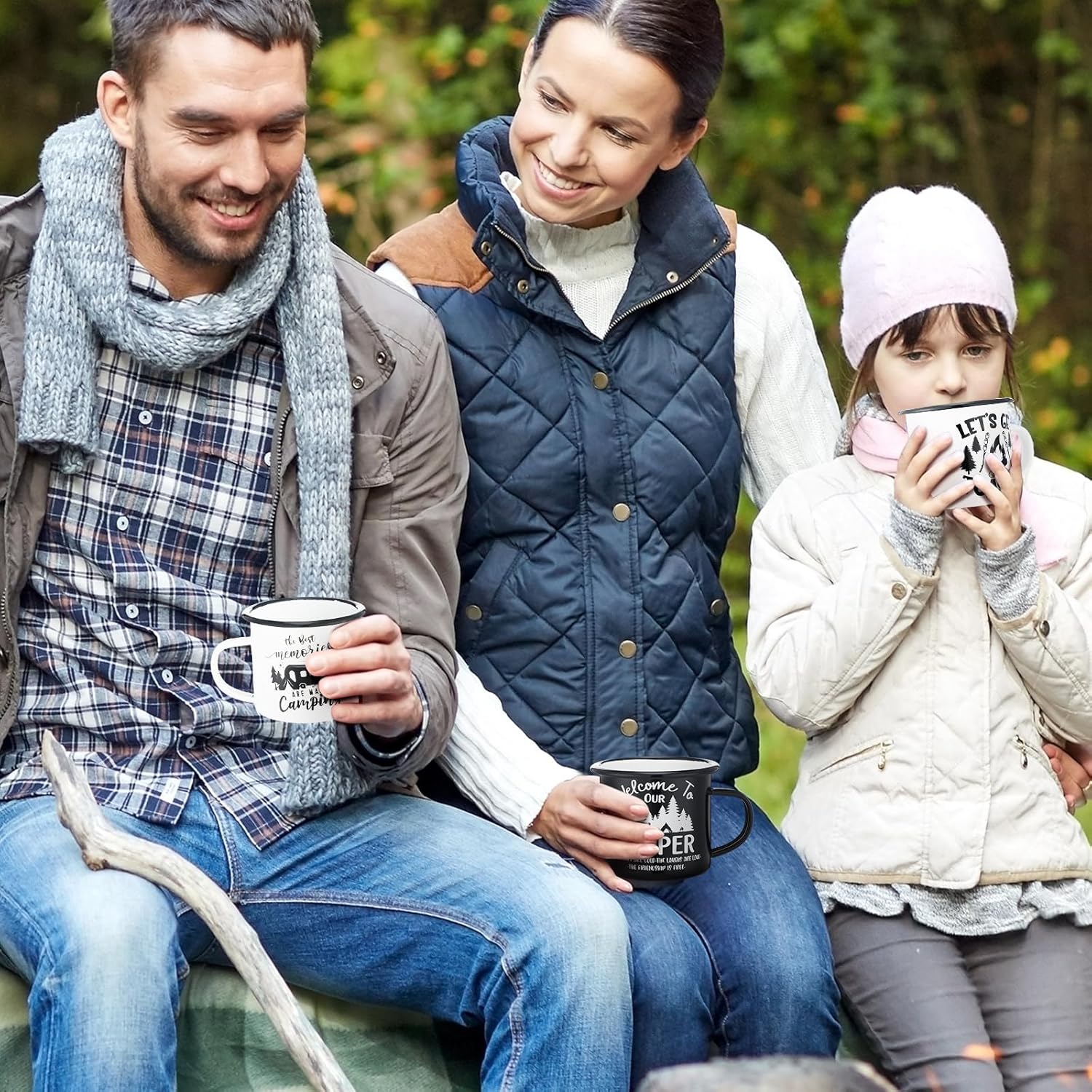 Mumufy 9 Pcs Enamel Camping Coffee Mugs 12 oz Happy Campers Campfire Tea Cups Black White Travel Drinking Mugs with Handle Vintage Tea Cups for Coffee, Tea, Milk Travel Mug Camping Lover Holiday Gifts - Image 2