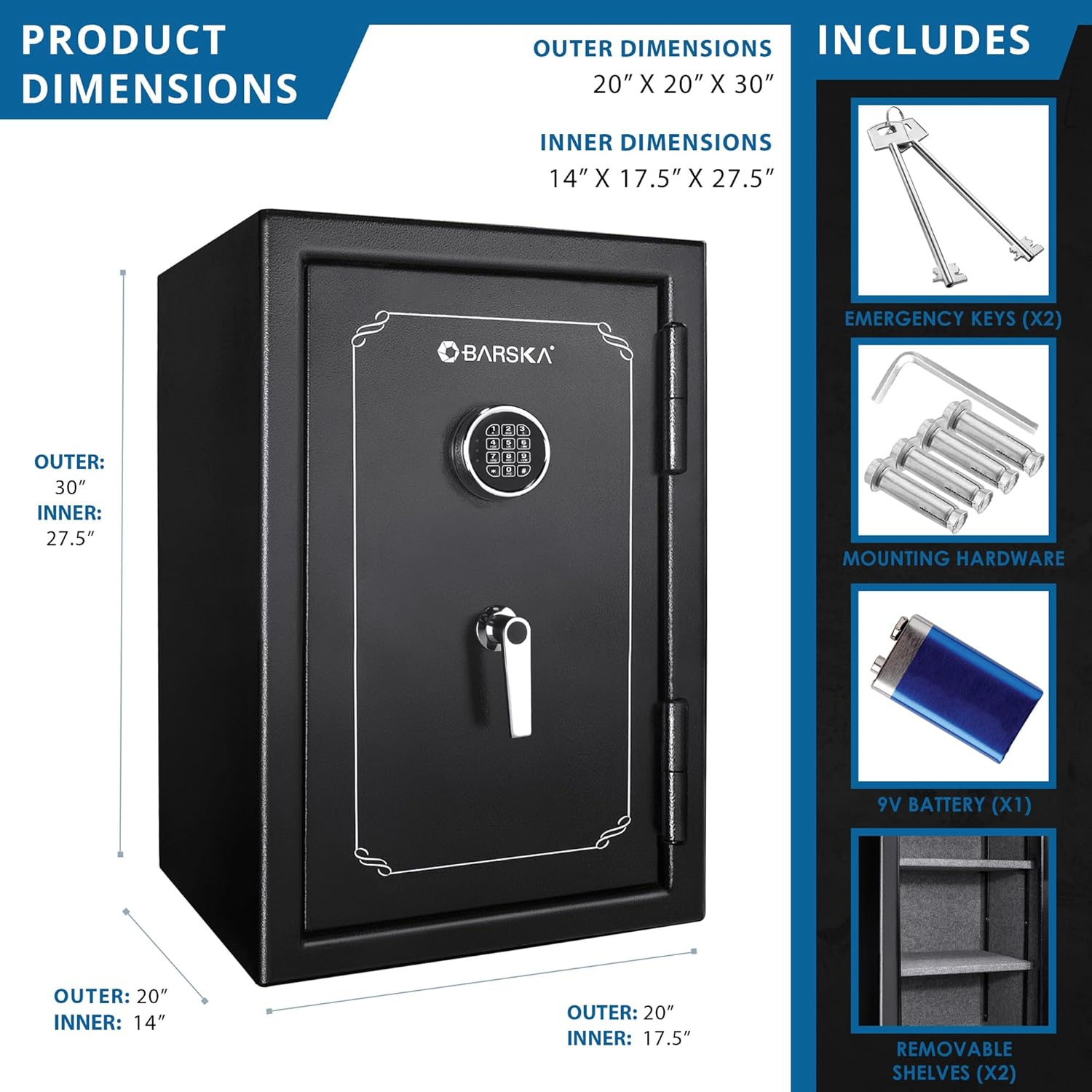 Barska FV500 FireVault Fireproof Safe – 4.39 Cu. Ft, Digital Keypad with Backup Key, Fireproof 30 Min/1400°F, Adjustable Shelves, Steel Deadbolts, Home & Office Security Safe Fire protection safe box