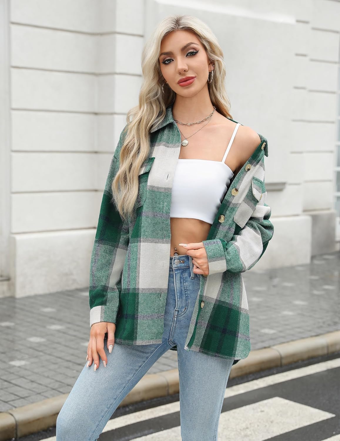 HOTOUCH Womens Flannel Plaid Shacket Jacket Button Down Tartan Trench with Pocket Long Sleeve Cropped Fashion Coat S-XXL - Image 2