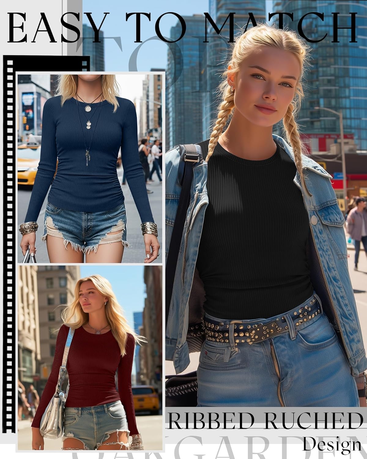 3 Pack Women's Ribbed Long Sleeve Shirts Cotton Crew Neck Ribbed Tops Ruched Slim Fit Undershirts Casual Basic Tee - Image 2