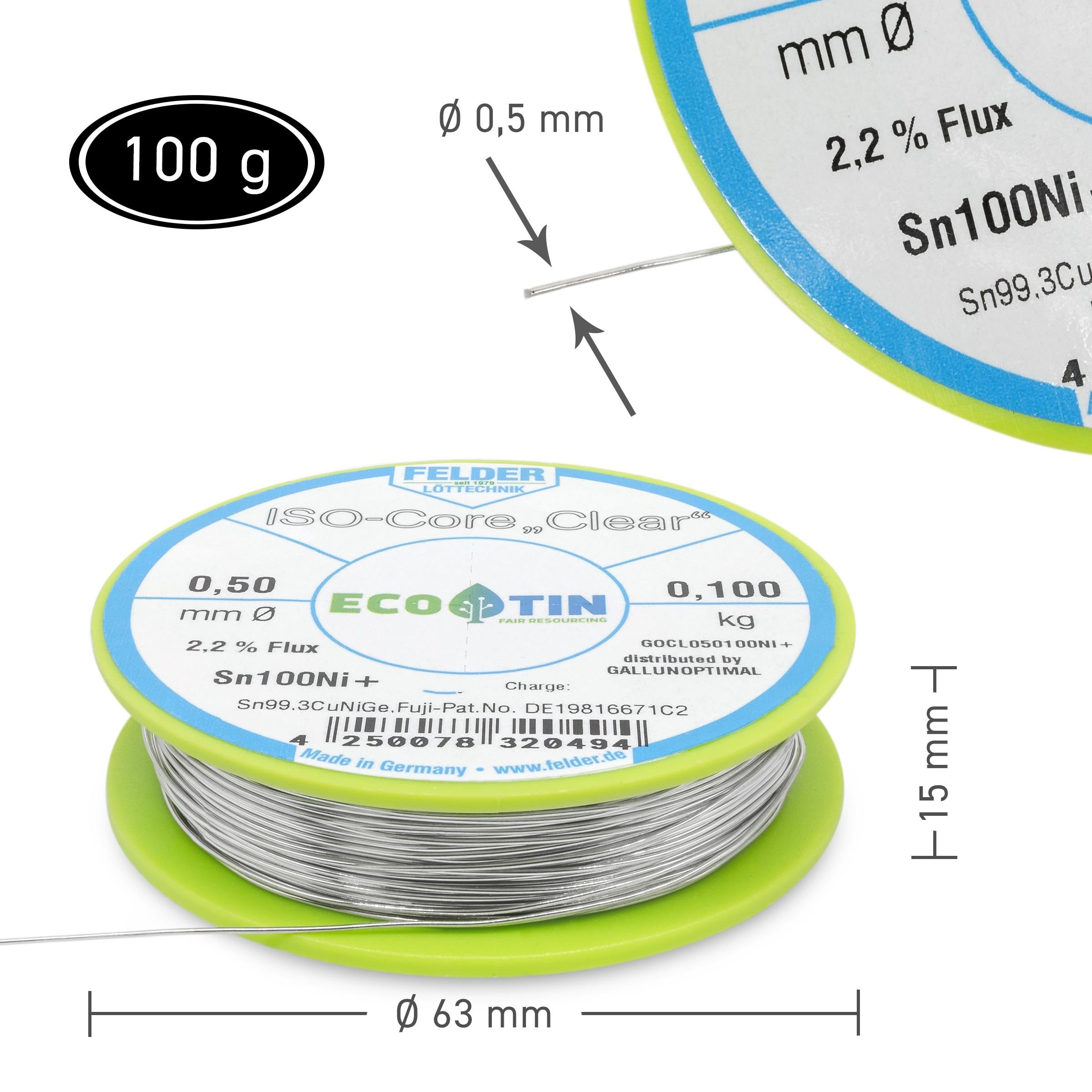 Felder FCL050100Ni+ - Filo per saldatura ISOCore, Clear Sn100Ni+ Sn99,3CuNiGe, 0,5 mm su bobina da 100 g