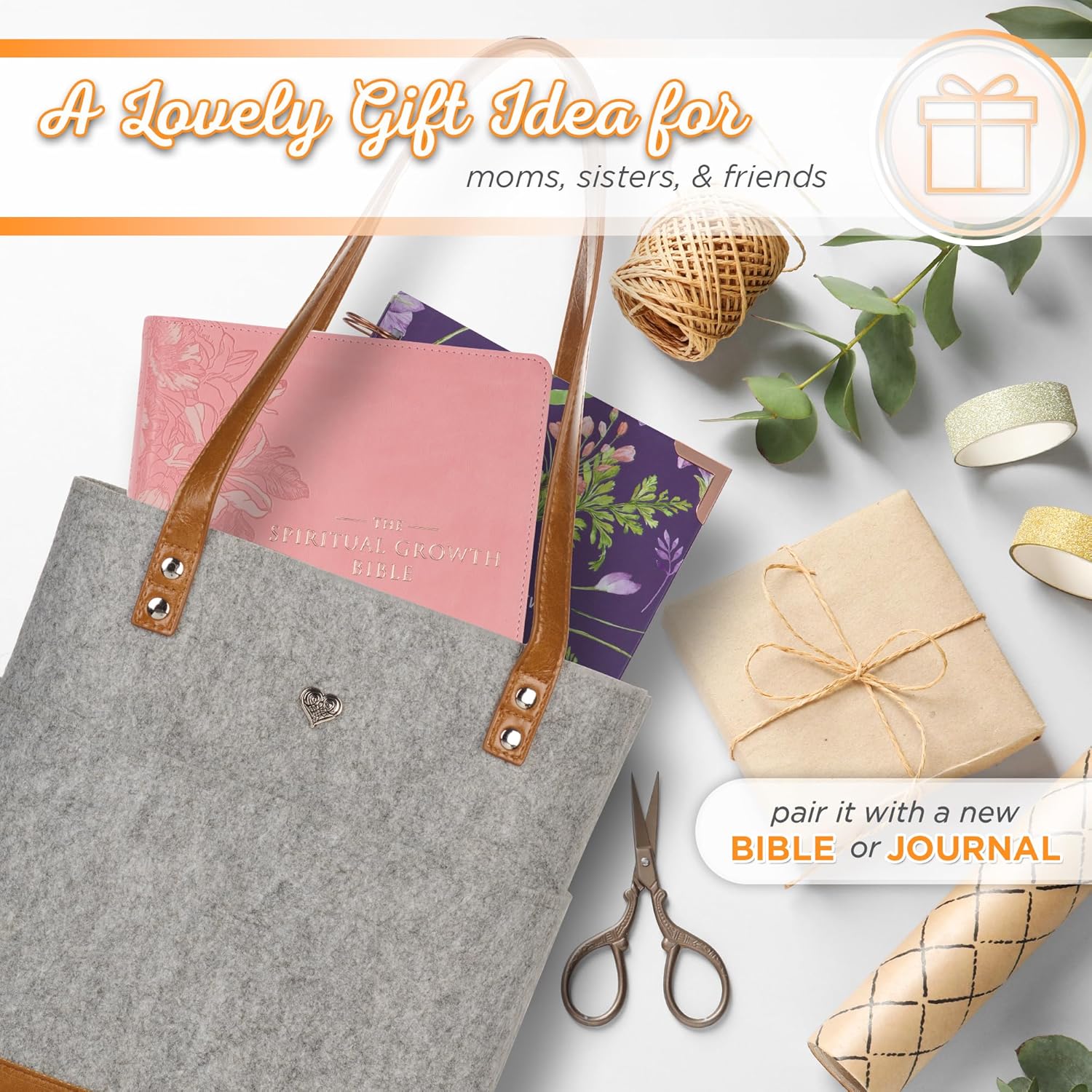 Christian Art Gifts Felt and Faux Leather Bible Tote for Women: With Metal Heart Badge, Pockets and Magnetic Button Closure, Toffee Brown and Gray, One Size Carry Bag for Books, Supplies and Shopping