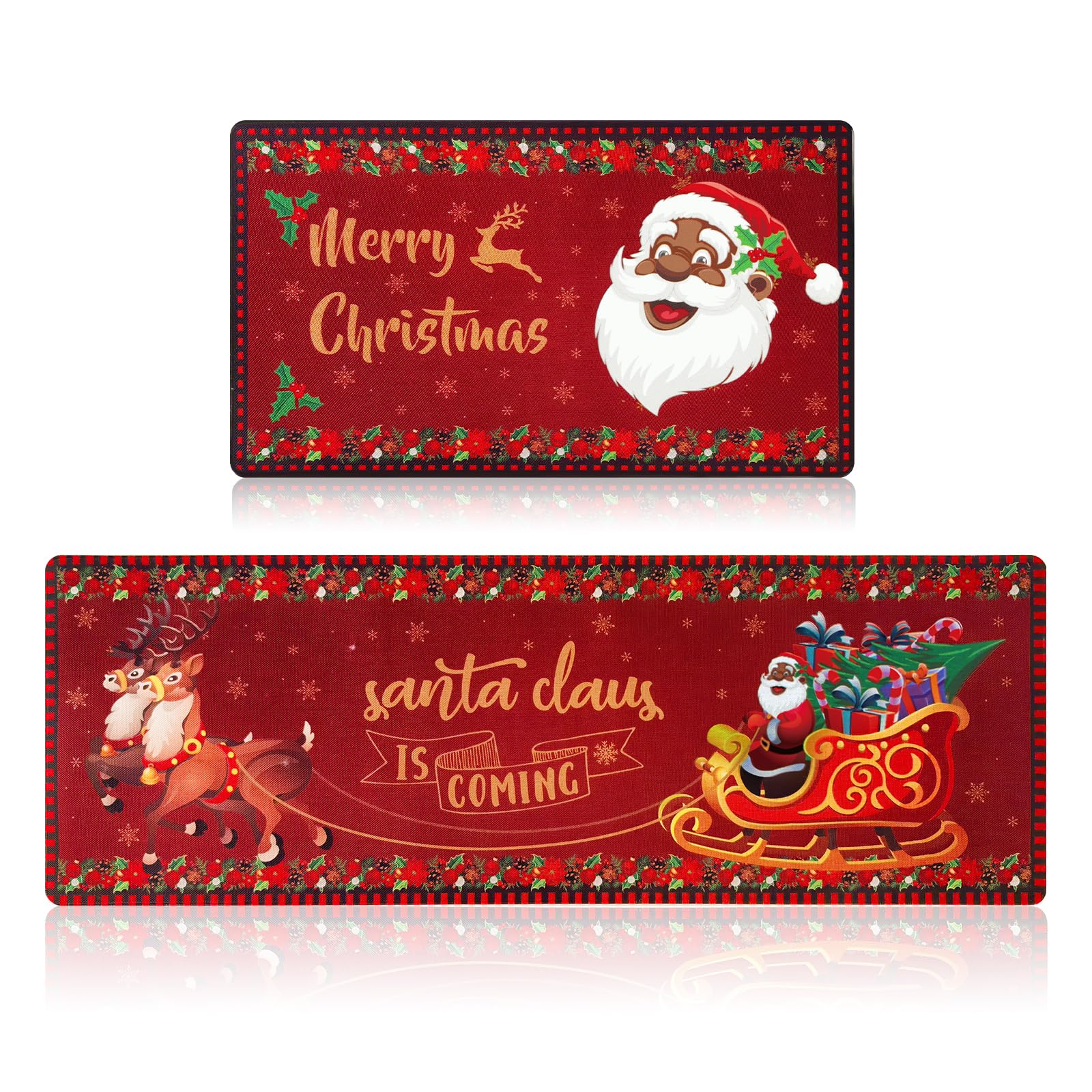 Black Santa Christmas Kitchen Rug and Mat Set,African American Christmas Decorations,Winter Holiday Merry Christmas Kitchen Sink Floor Mat Santa Claus Kitchen Bathroom Mat for Xmas Indoor Decoration