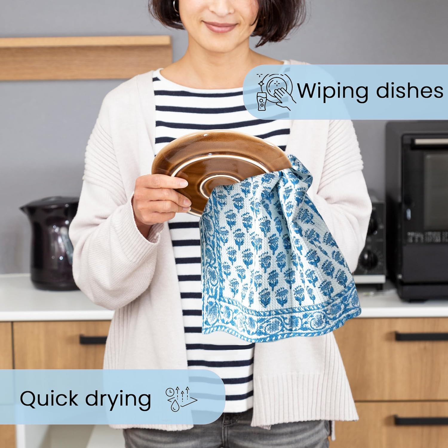 CPC Apatite Blue Hand Block Print Waffle Kitchen Towel Set of 3-16 x28 Ultra Absorbent Quick Dry Cotton Dish Towels Lightweight Reusable Sustainable Tea Towels for Cleaning and Drying