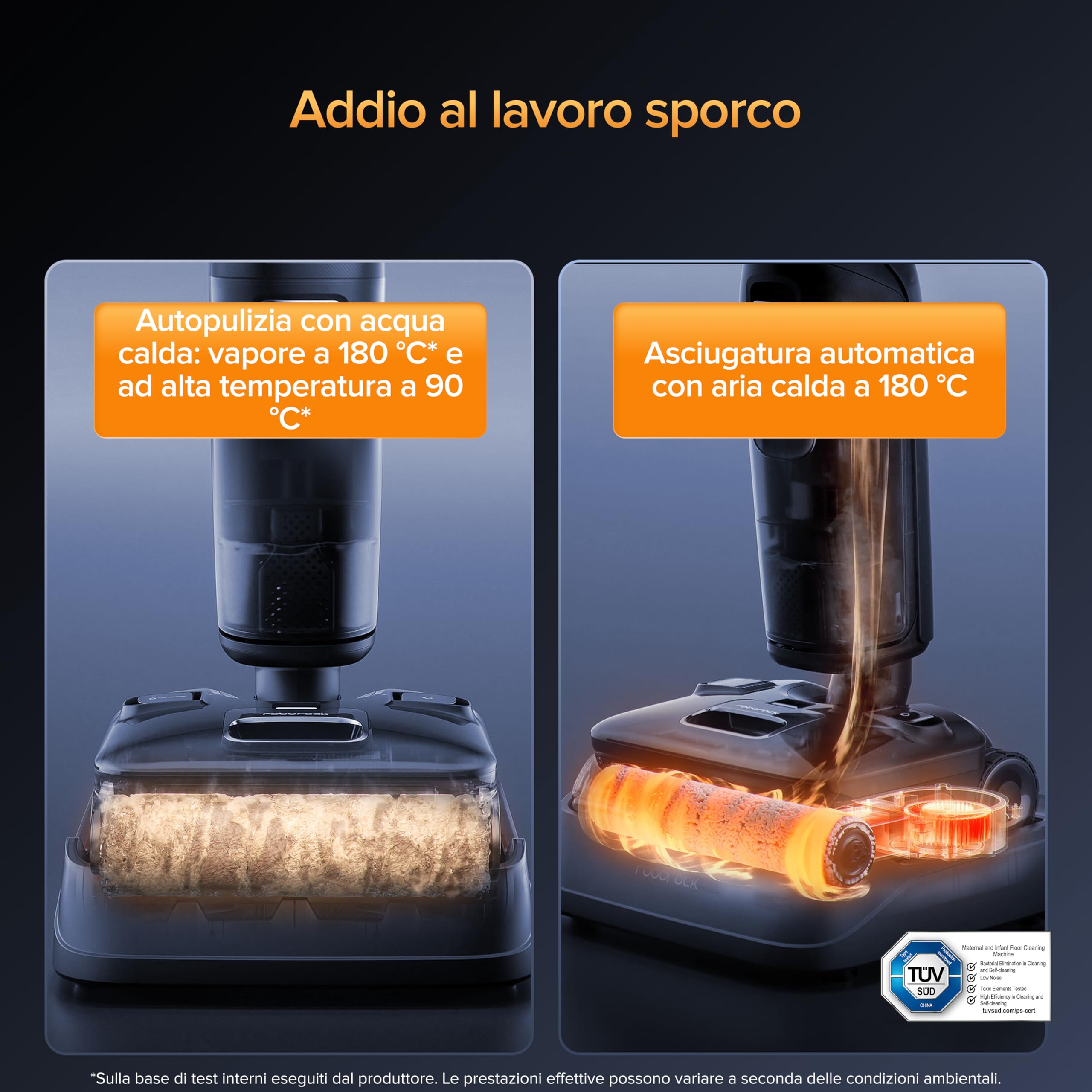 roborock F25 Ultra Aspirapolvere Lavapavimenti senza fili, riscaldamento a 180 °C, lavaggio 86 °C, asciugatura 90 °C in 5 min, aspirazione 22 kPa, WiFi, sistema anti-groviglio.