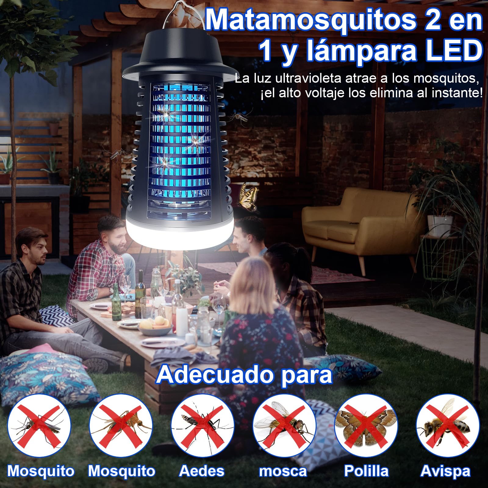 Lampara antimosquitos Exterior con LED, Mata Mosquitos electrico 4200V+15W UV, No tóxico e Inodoro, IPX4, Atrapa eficazmente Mosquitos, Moscas y Polilla