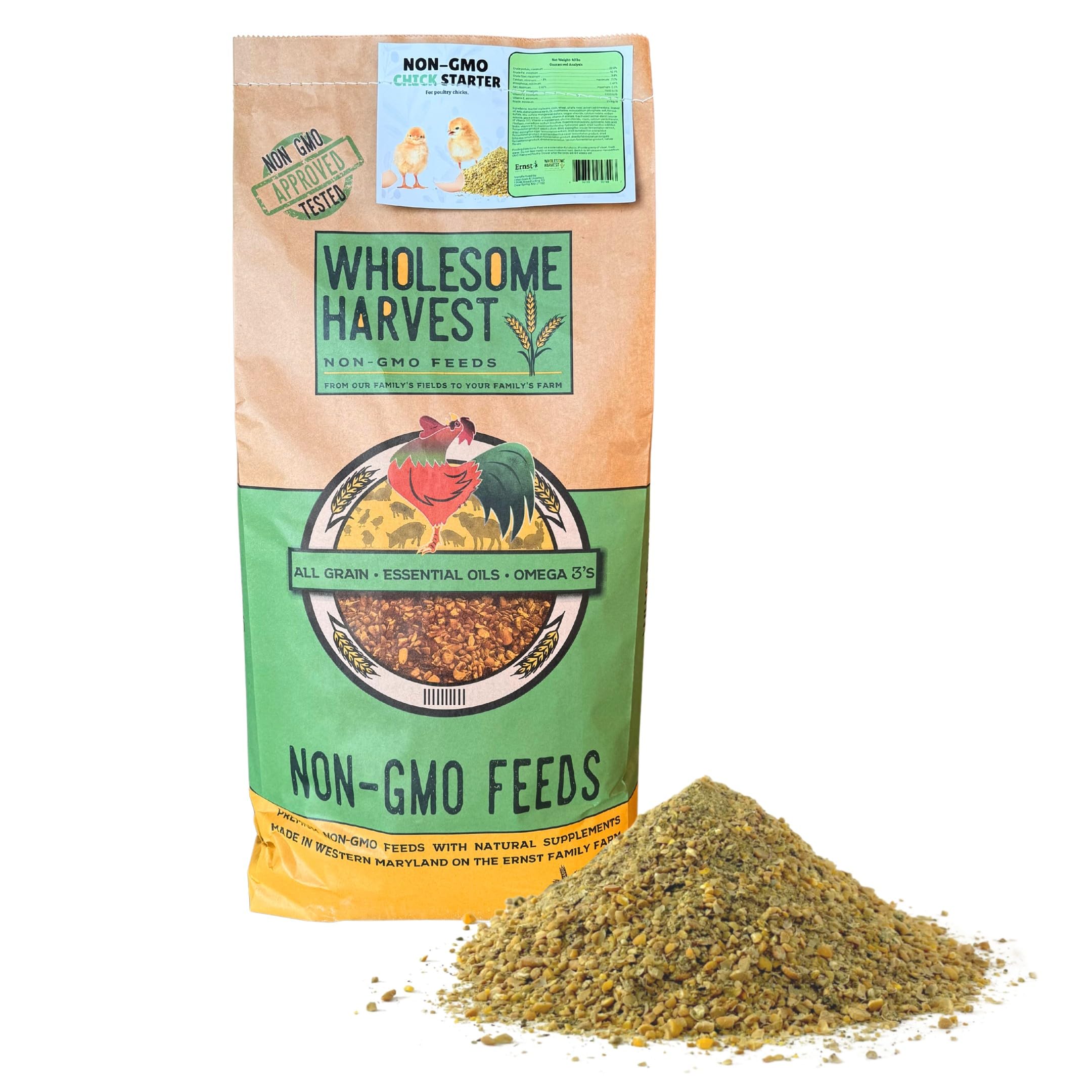 Chick Starter Feed - Non-GMO Chick Food Starter with Omega 3 and Natural, Herbal Ingredients - Chicken Feed for Growing Healthy Chicks with High-Protein 22% and Probiotics - 40 Lb