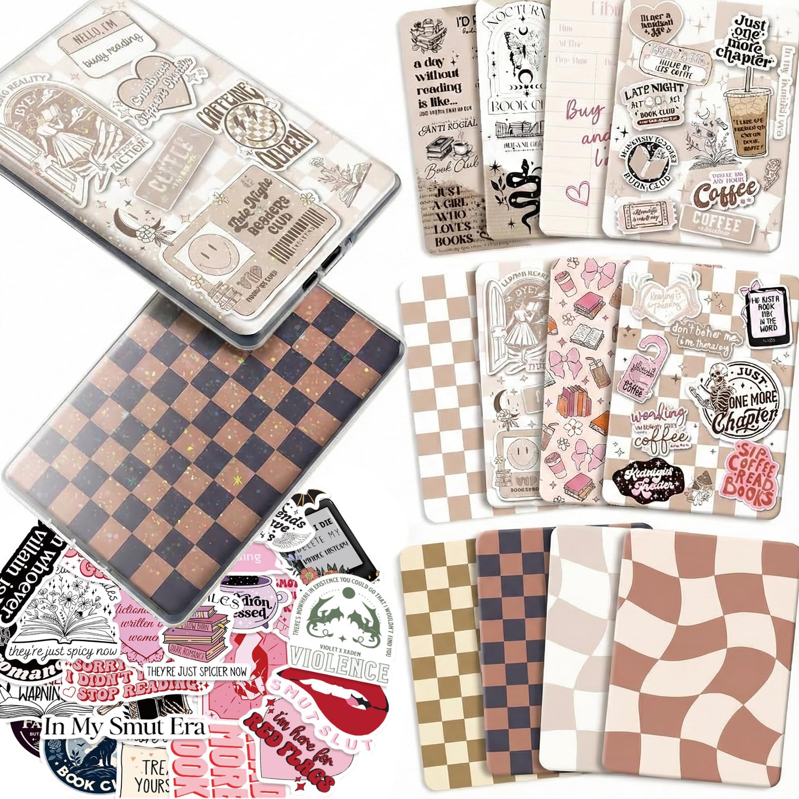 VelvetGlow 12Pcs Inserts Cardstock Paper For E-Reader, And 50Pcs Scrapbook Stickers For Clear Case, 6.9"X4.8" Coffee Theme E-Reader Back Cover Insert Decorating Accessories For Paper White 11Th-12Th