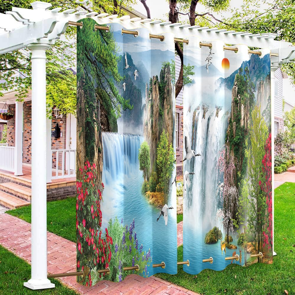 Hiseng Outdoor Curtains Waterproof for Garden Pergola Gazebo Patio, 3D 2 Panels Windproof Blackout Privacy Gazebo Curtains with Grommets on Top and Bottom -Waterfall Printed (Painting,137x304cm)