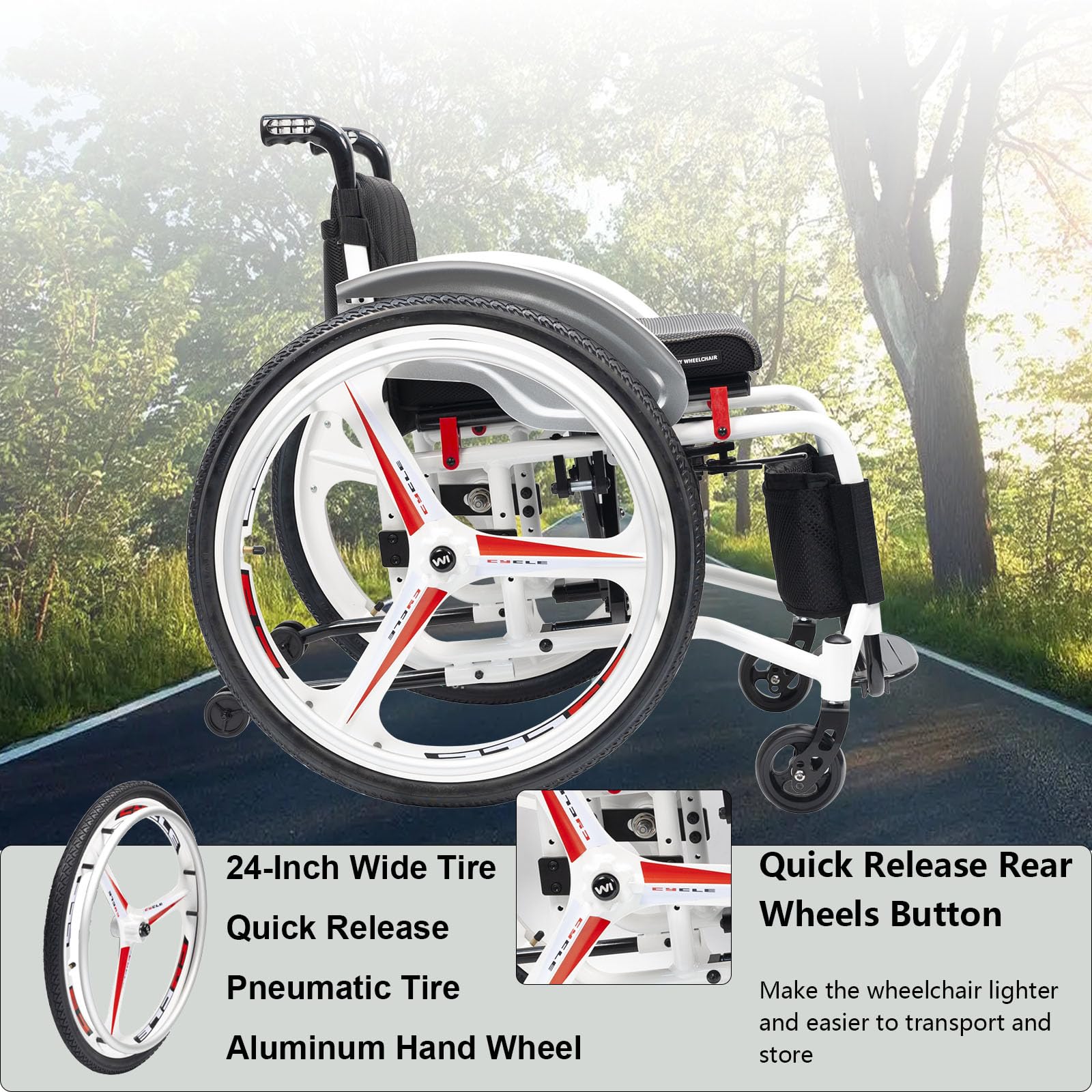 Składany wózek inwalidzki do uprawiania sportu, lekki, transportowy wózek inwalidzki do mieszkania i w podróży, ręczny, hamulec ręczny, szybkie zapięcie (38 cm, czarny)