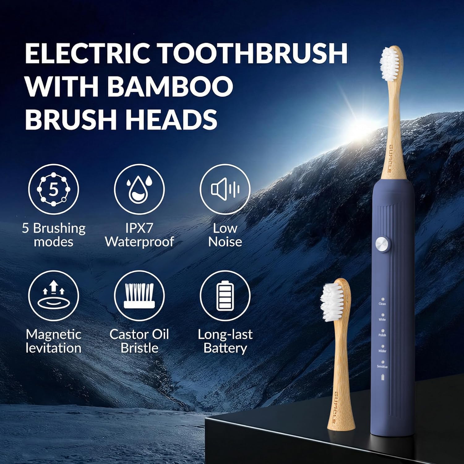Bamboo Electric Toothbrush for Adults，Sonic Electric Toothbrush with 4 Bamboo Heads, Soft Castor Oil Bristles, 5 Modes, Smart Timer, Sonic Technology, IPX7 Waterproof, 70-Day Battery Life-Navy