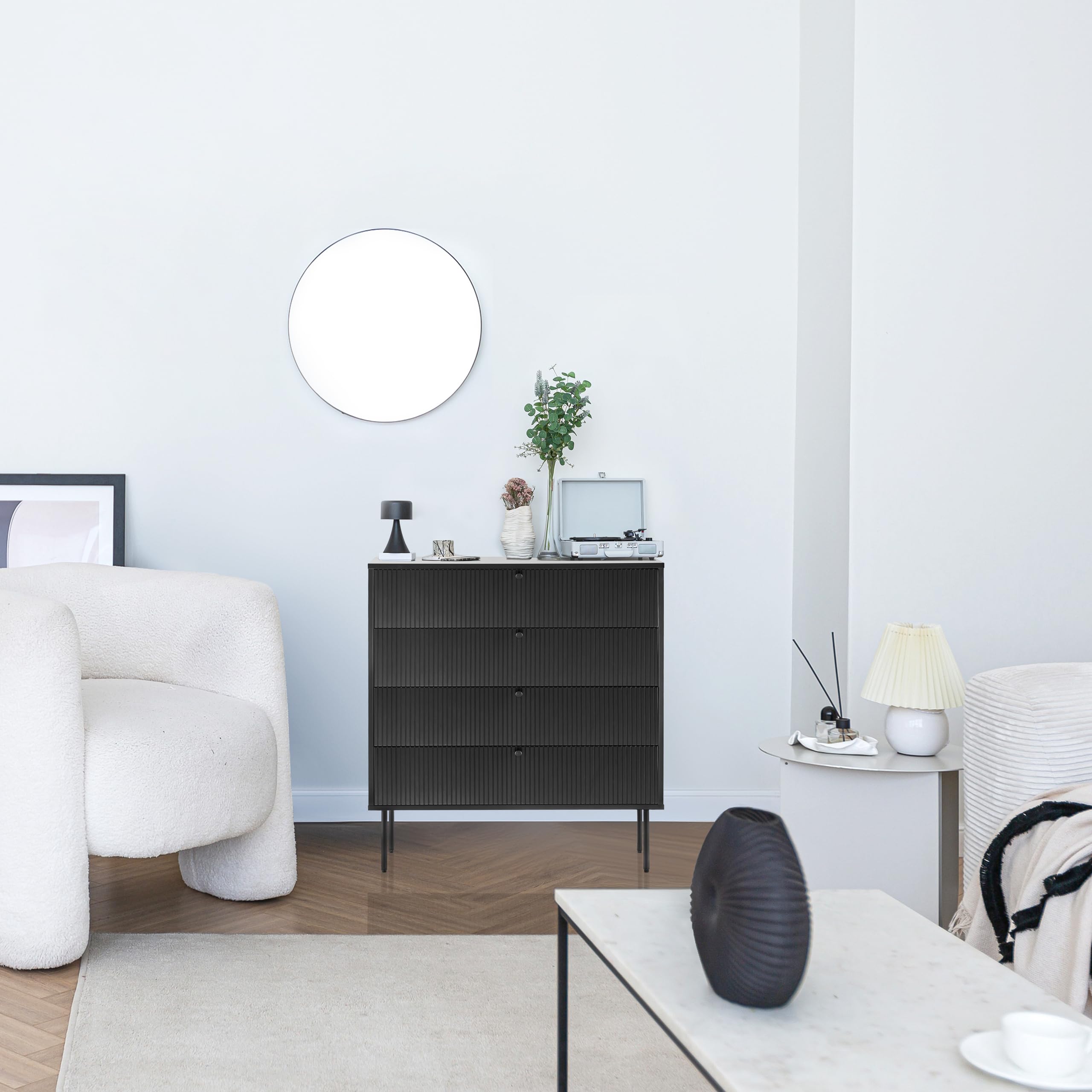 Kommode mit 4 Schubladen KARBY K 90x40x95 cm, Schubladenschrank im Industrial-Stil, viel Stauraum, Schwarz