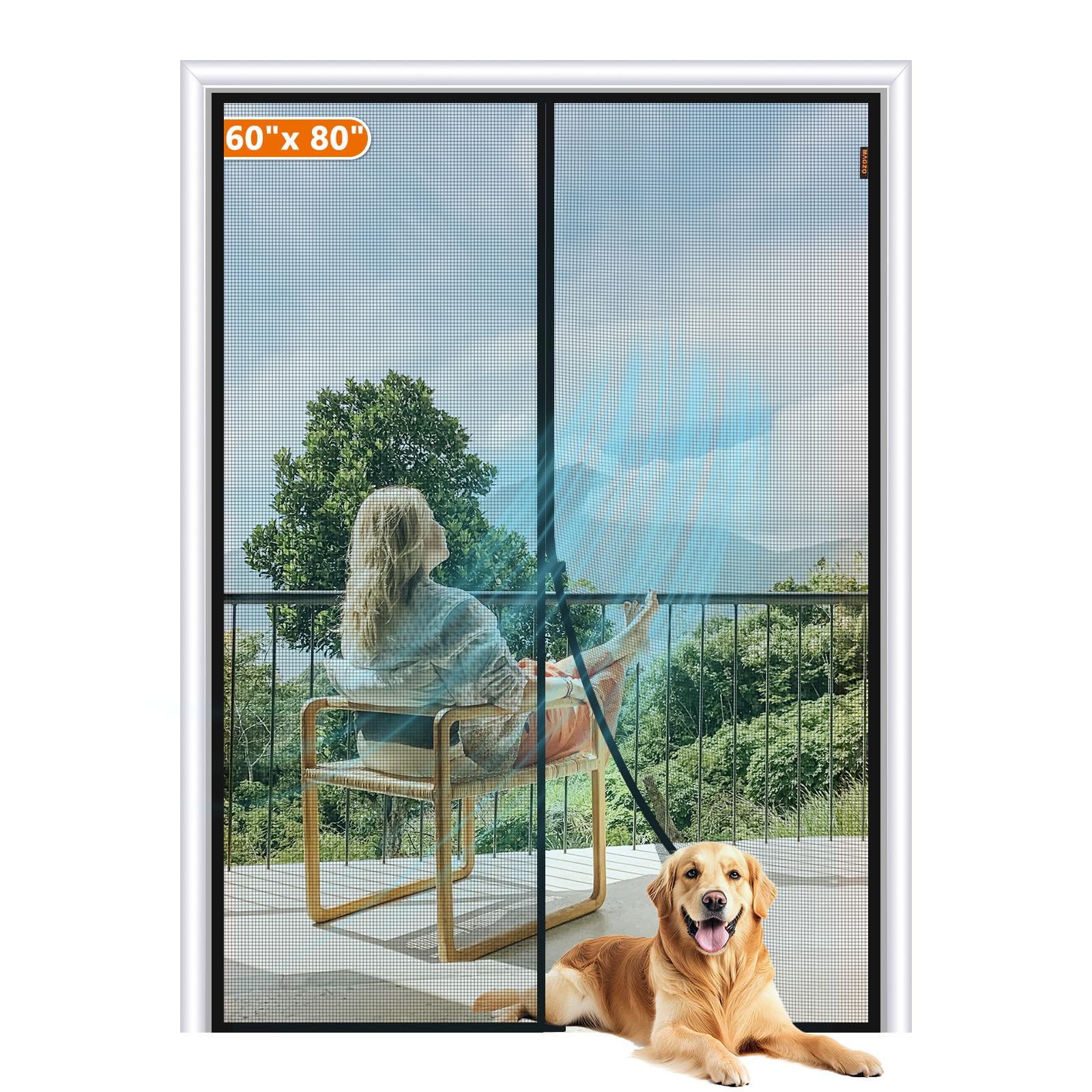 MAGZO Magnetic Screen Door Fit Door Size 60 x 80 Inch, Screen Size 62" x 81" Strong Magnet French Style Mesh, Heavy Duty Fiberglass Mesh with Hook & Loop for Sliding Entrance, Gray