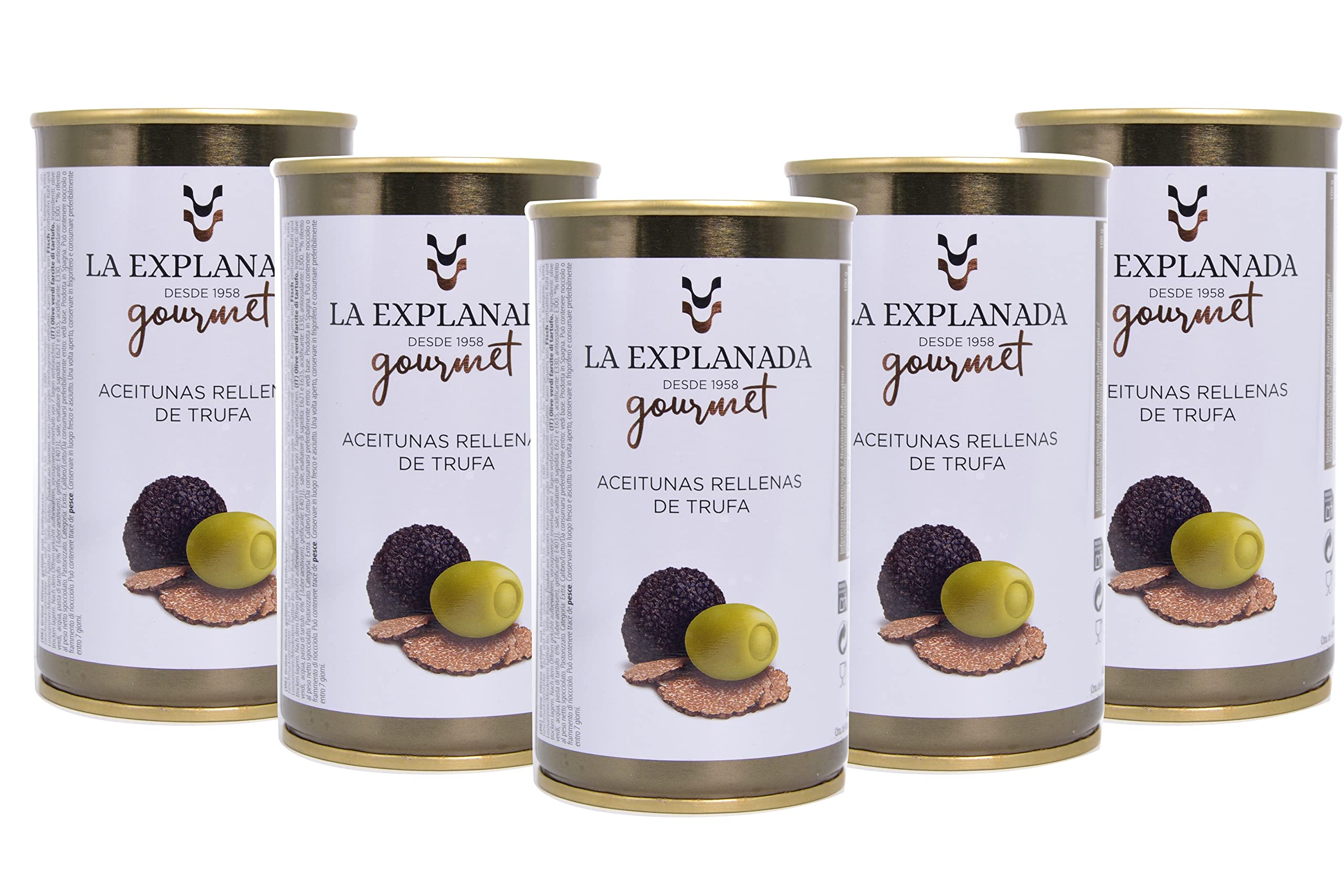La Explanada Gourmet - Pack 15 Latas Aceitunas rellenas Trufa - Aceitunas Cazorla - Aceitunas Manzanilla Rellenas de Trufa - Formato Lata - Peso Neto Escurrido 150 g - Origen España