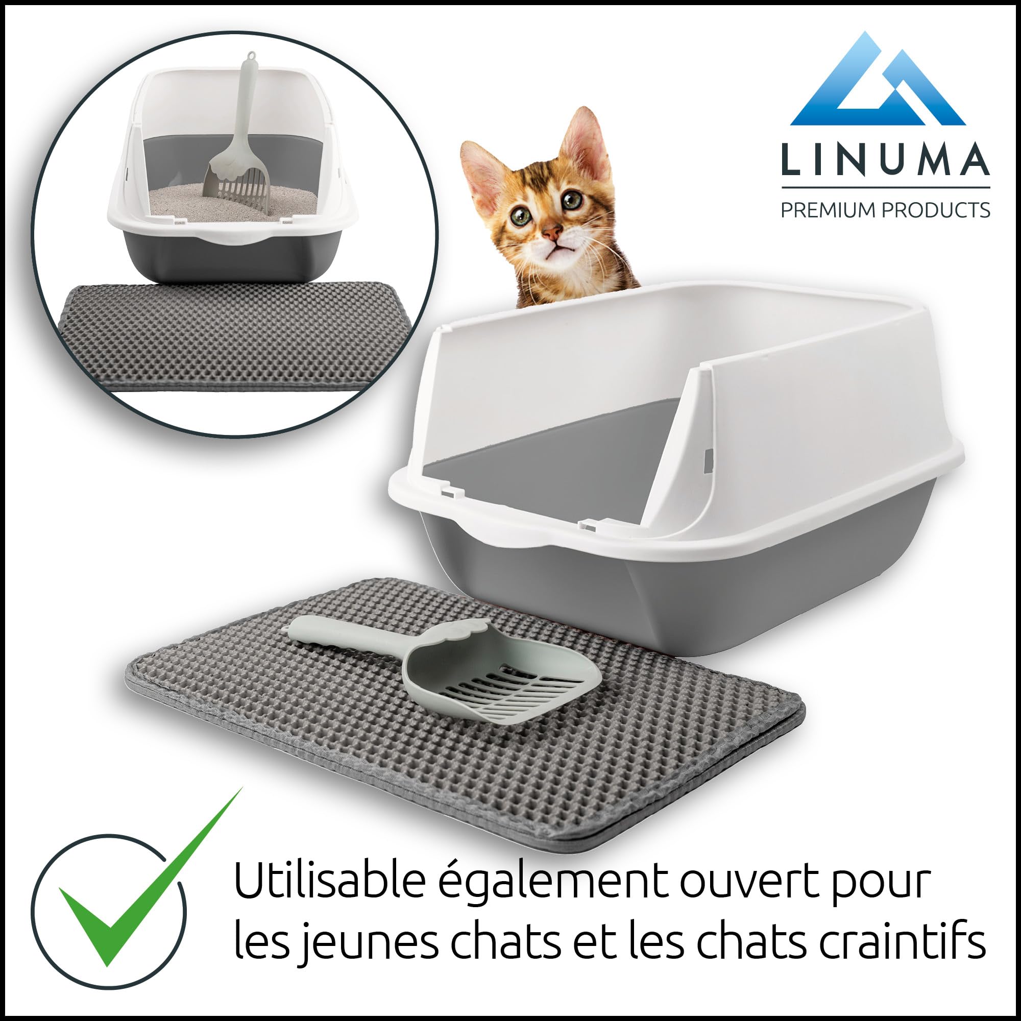 Bac à litière Gris avec Couvercle – avec Tapis & Pelle – Toilette hygiénique fermée pour Chat – Anti-Odeur & Facile à Nettoyer