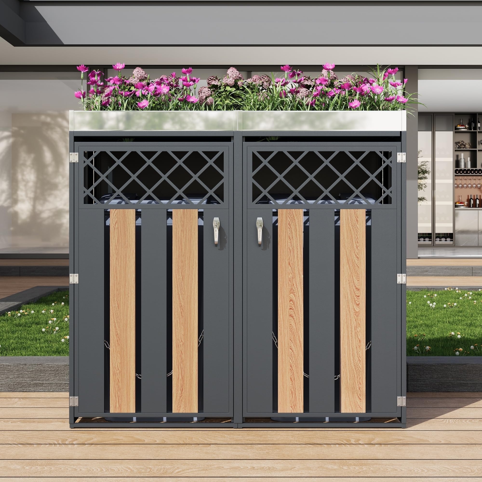 Abri pour poubelles, équipé d'ouvertures d'aération en Losange, d'un Compartiment de Rangement pour poubelles, verrouillable, à Double Porte, avec Un Espace dédié aux Plantes (1)
