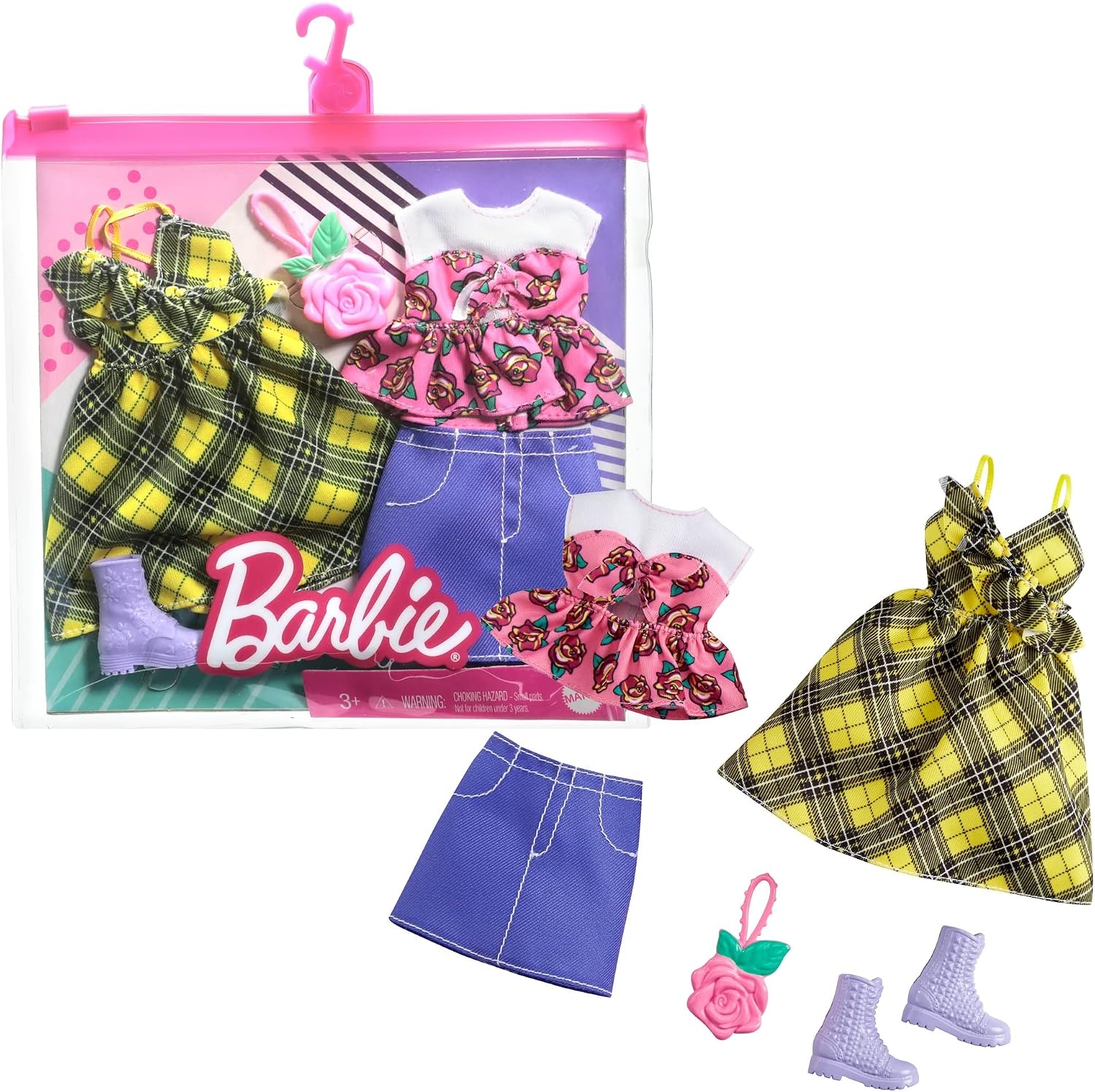 Barbie Fashions 2-Pack Clothing Set, 2 Outfits Doll Include Yellow Plaid Dress, Floral Top, Denim Skirt & 2 Accessories, Gift for Kids 3 to 8 Years Old
