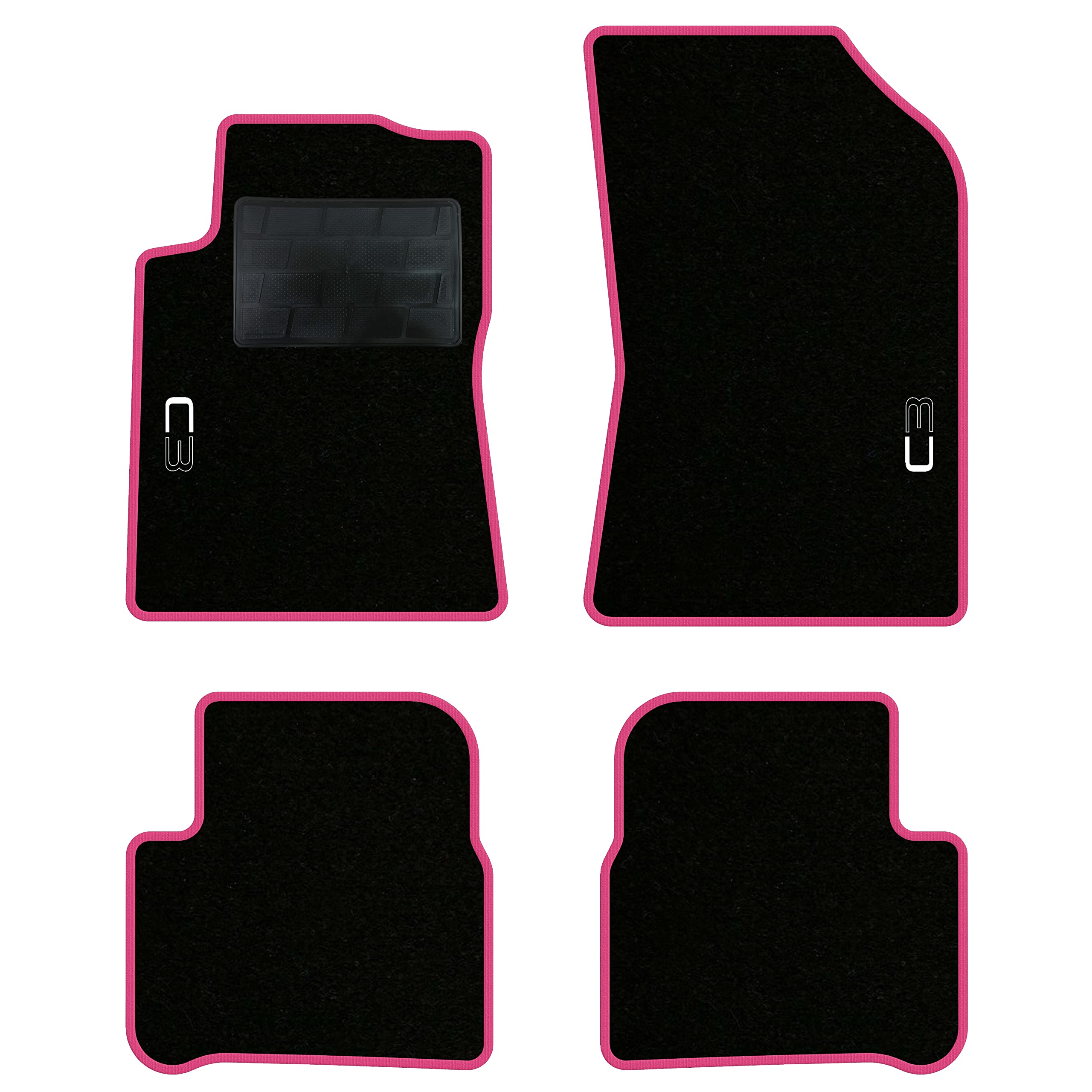 QUEMAR Tappetini Auto compatibili con Citroen C3 III 2016-2024 / Kit Tappeti in Moquette e Gomma su Misura (Set 2 Anteriori + 2 Posteriori) / Ricami e Colori Personalizzati (2 Ricami, Bordo Rosa)