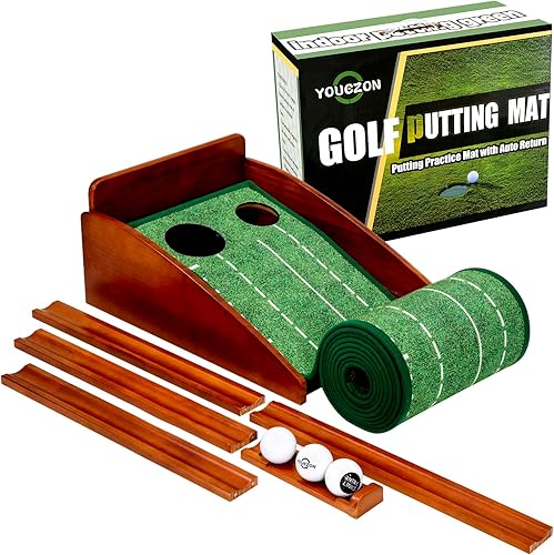 Miniatura 8 de Alfombra de golf verde para interiores, sin arrugas con retorno automático de bola, base de madera maciza duradera, superficie de terciopelo lujosa,