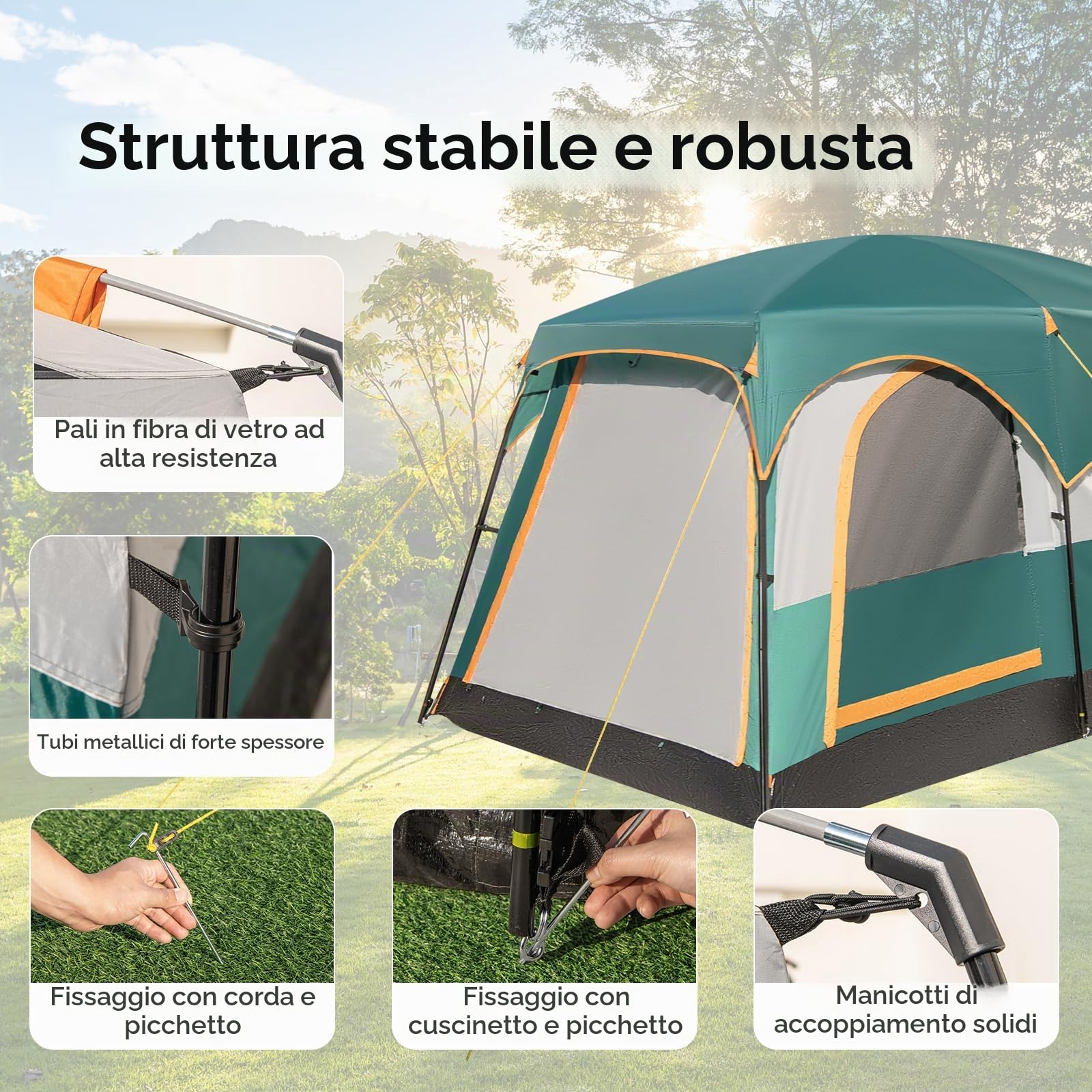 HOMASIS Tenda a Tunnel per 4-6 Persone con 2 Divisori e 3 Ingressi, Tende con Avancorridoio e Tappetino, Tenda Familiare con Borsa per il Trasporto per Campeggio, Trekking e Escursioni