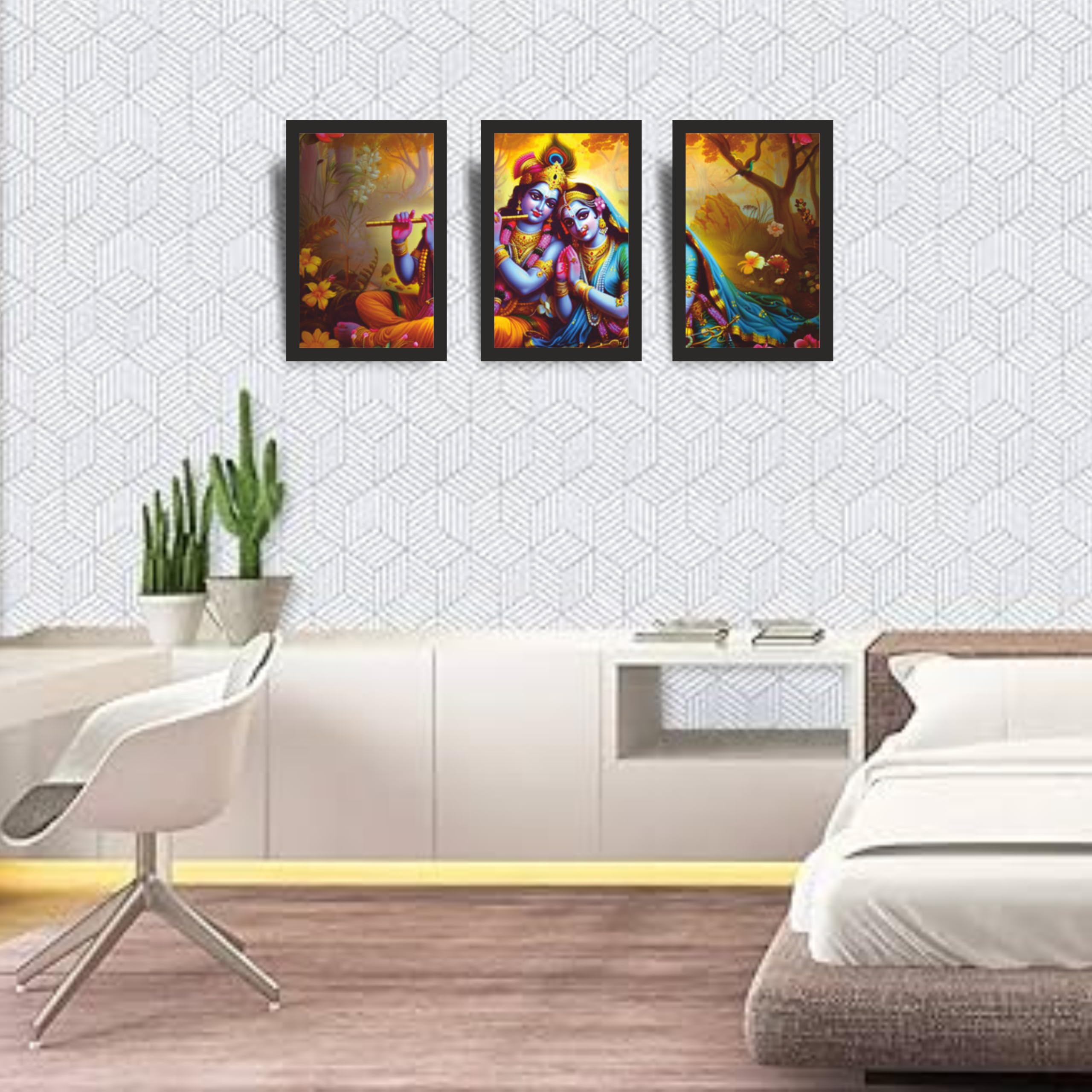 Radha Krishna Golden Forest Digital Wall Art Set of 3