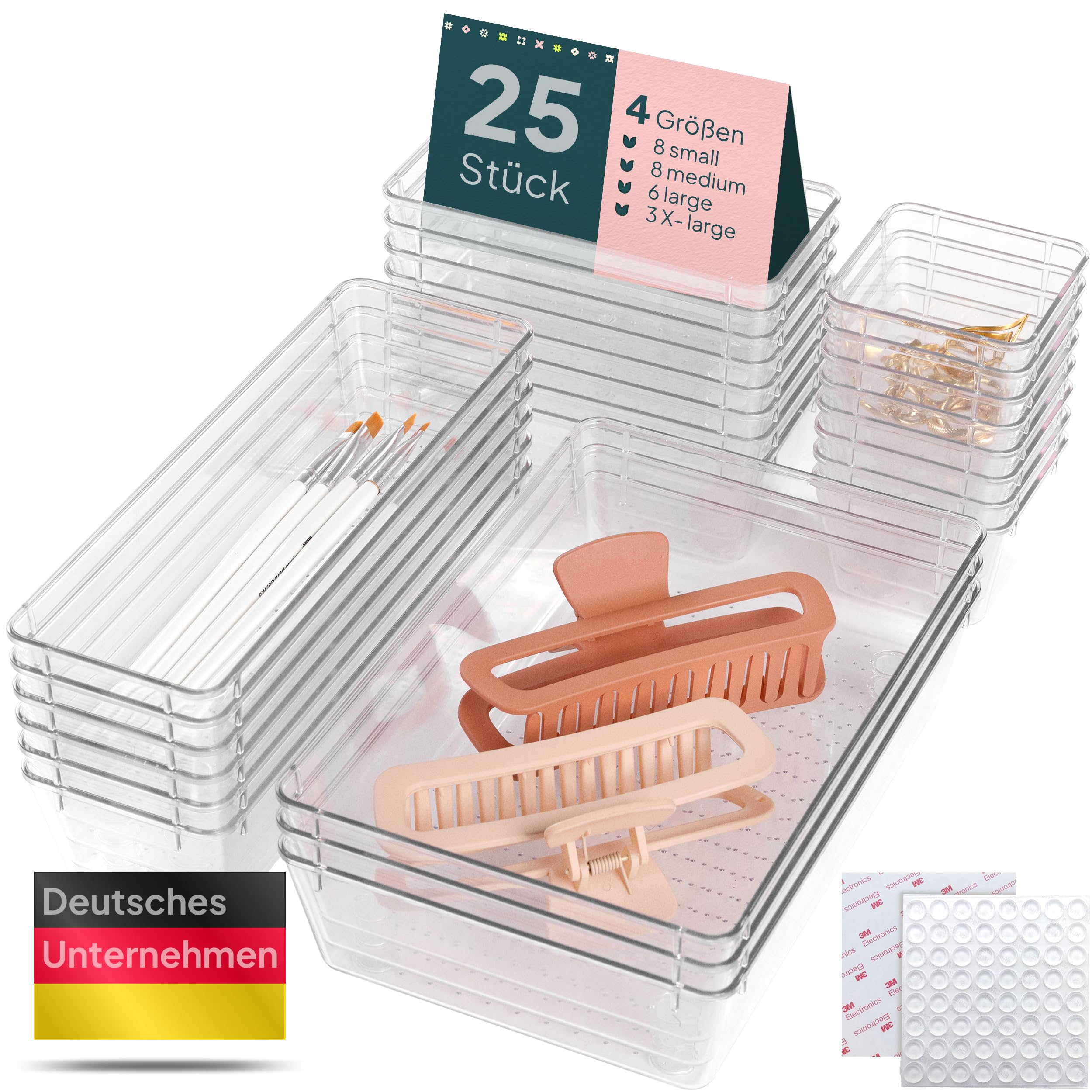 uandu Schubladen Organizer 25er Set mit 4 Größen – Schminktisch & Kosmetik Aufbewahrung für Schublade – MakeUp Ordnungssystem für Badezimmer, Küche & Büro