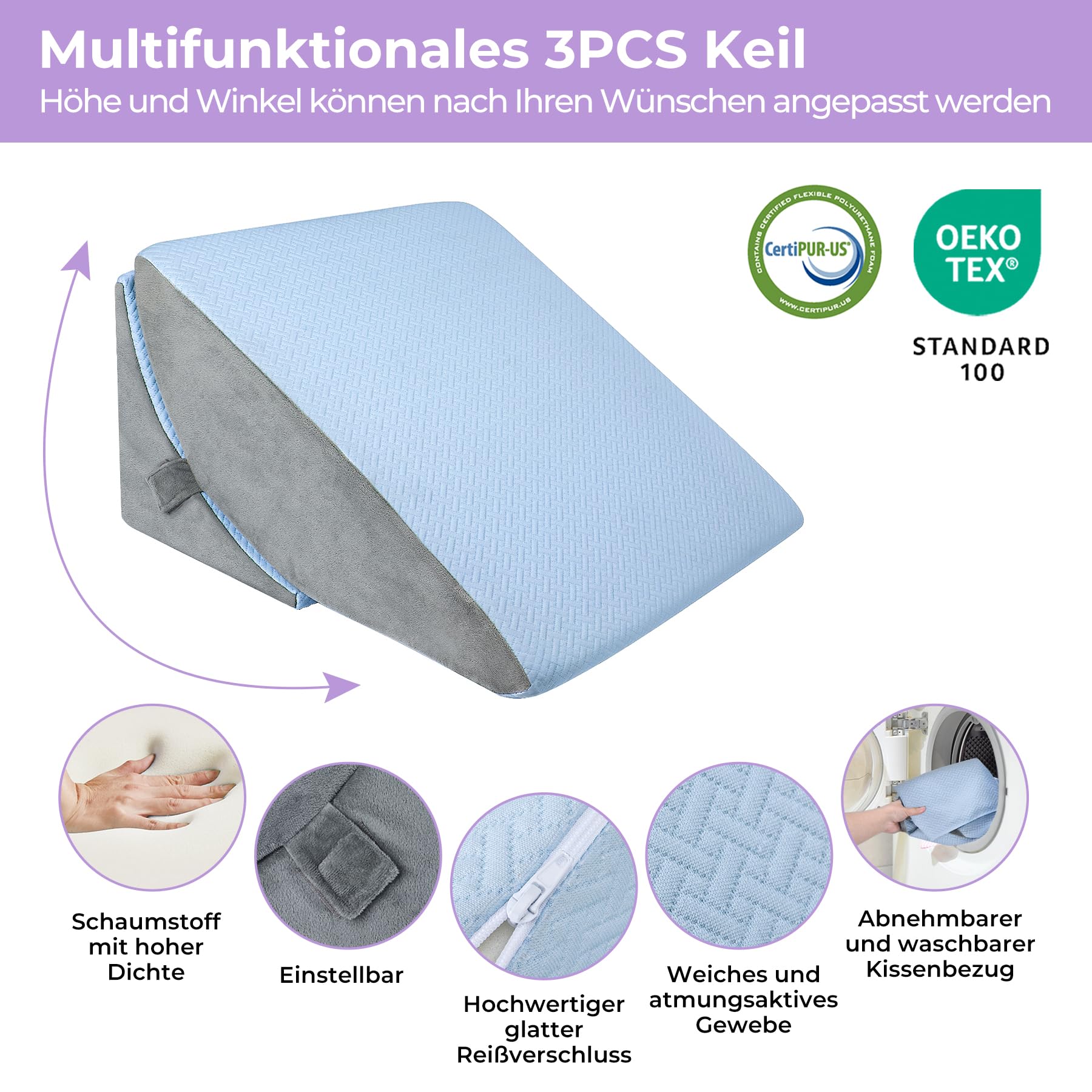 Babenest Verstellbares Keilkissen mit Hochdichteschaum, Ergonomisches Rückenkissen für Bett & Sofa, Reflux Lesekissen zum Schlafen, Spielen, Fernsehen (Blau)