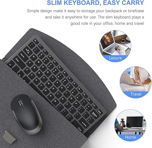 Miniatura 6 de Ratón de teclado inalámbrico compacto, 2.4 GHz ultra delgado pequeño teclado inalámbrico combo para computadora de escritorio, portátil (negro y