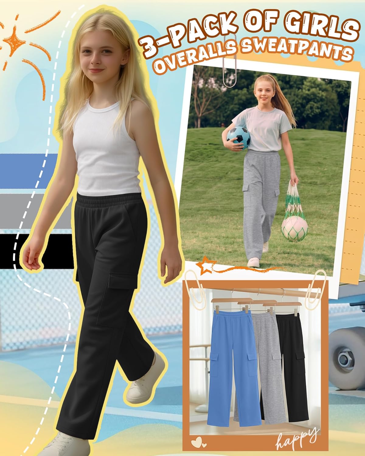 3 Pack Girls' Wide Leg Sweatpants Teen Baggy Cargo Pants Kids Drawstring Elastic Waistband Joggers with Pockets