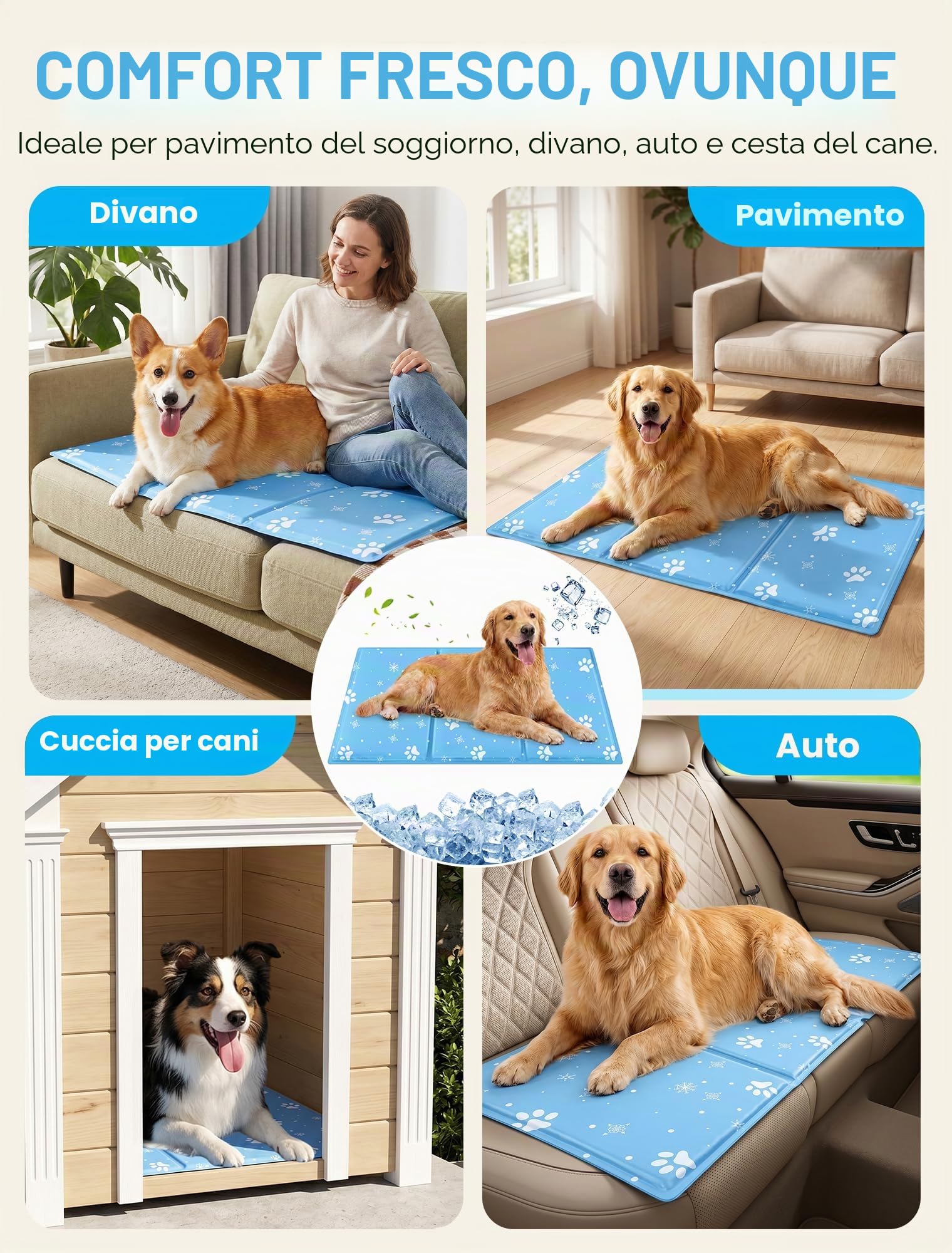 lesotc Tappetino rinfrescante per cani, grande, 60 x 90 cm, in gel atossico, raffreddamento rapido, antiscivolo, facile da pulire, per interni ed esterni