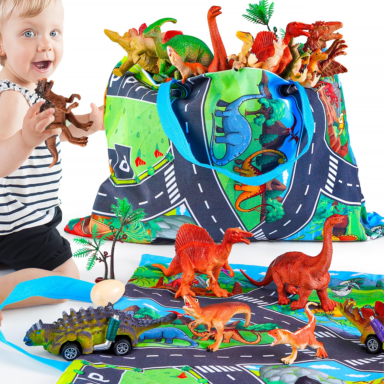 HahaGift Dinosaur Toys for Boys Age 2 3 4-25PCS Realistic Dinosaur Figures & Cars with Playmat/Storage Bag - Kids Toys Games for 2 3 4 5 Year Old Boys Girls Easter Birthday Gifts