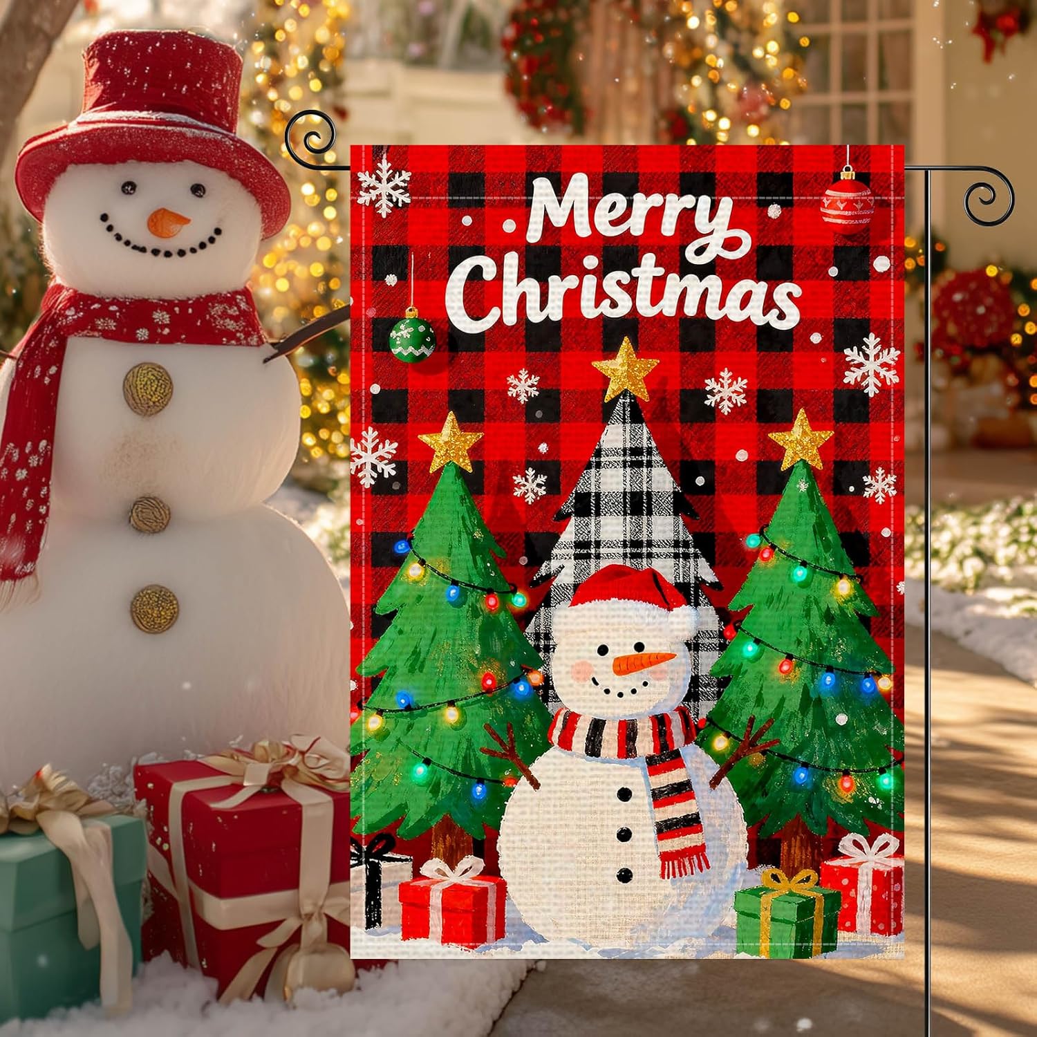 Merry Christmas Garden Flag Double Sided 12x18 Inch Burlap Winter Garden Flag Snowman With Red Scarf Trees Stars Plaid Background Seasonal Flags Christmas Holiday For Patio Lawn Decoration - Image 6