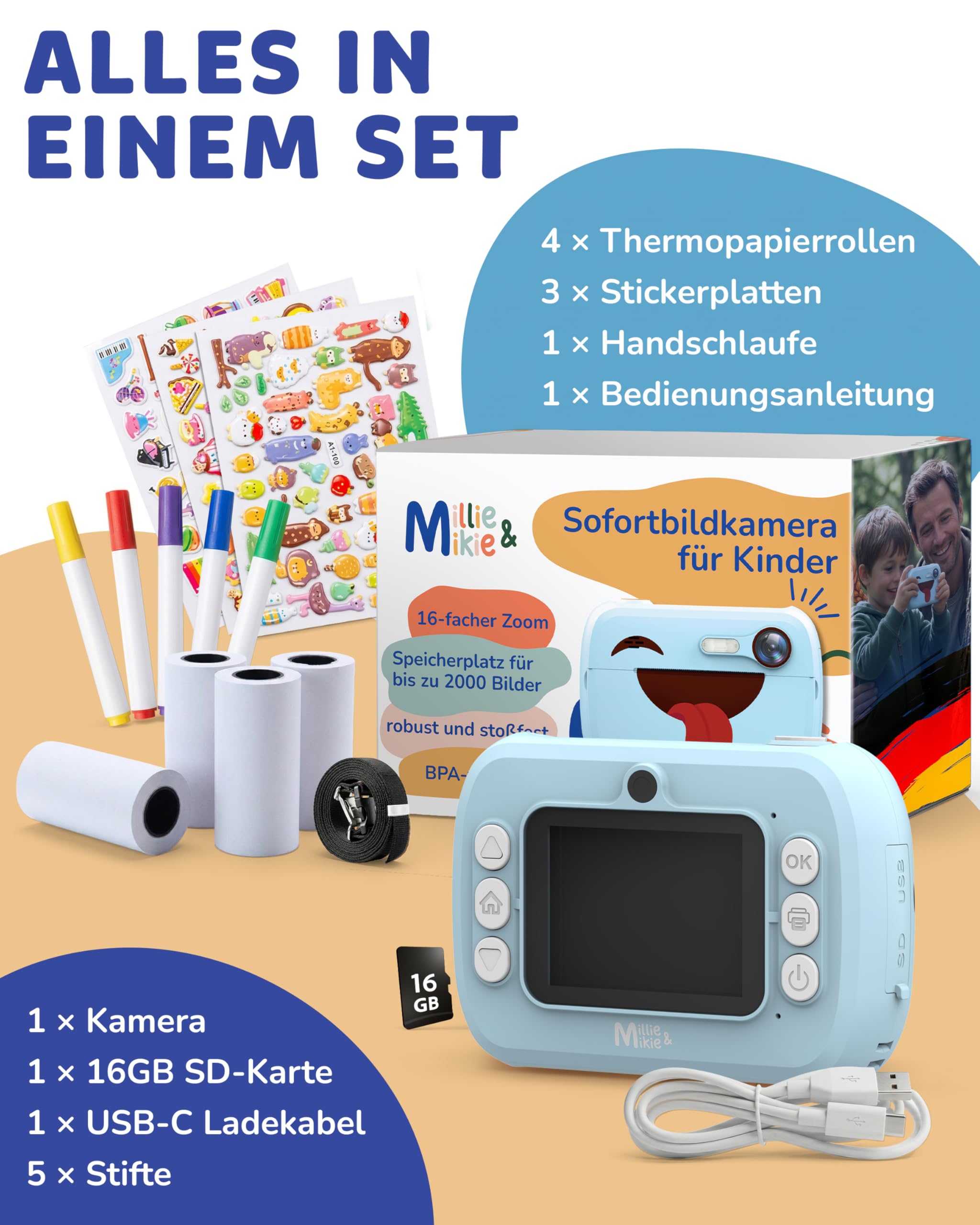 Cámara infantil instantánea para niños, cámara digital de impresión instantánea – Cámara para niños con impresión fotográfica, 16 GB SD, 4 rollos, pegatinas, bolígrafos, USB-C, sin juegos (azul)