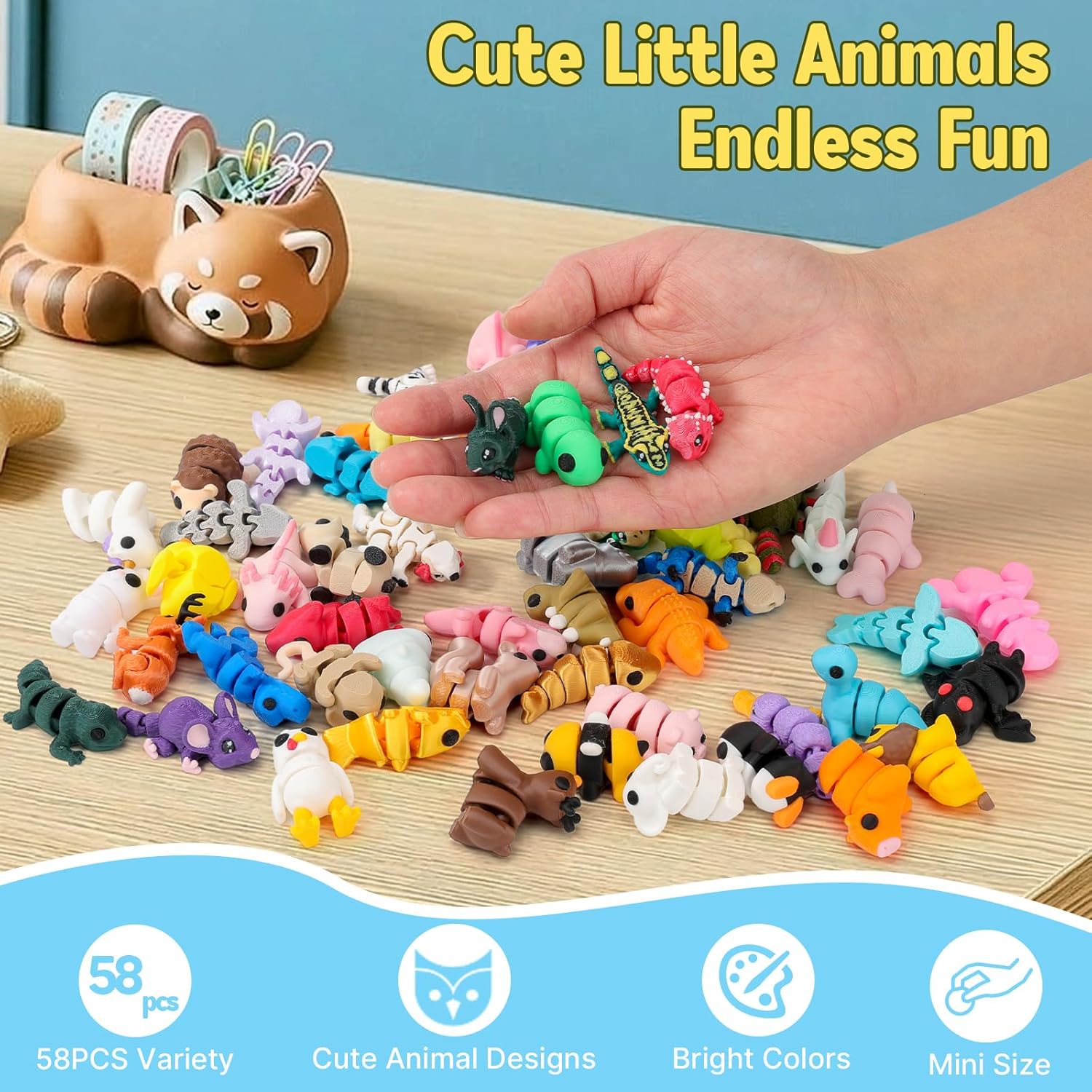 58 PCS 3D Printed Animals, Articulated Mini Animal Figures, Flexible Fidget Toys, Bulk Classroom Rewards, Colorful Desk Decor, Collectible 3D Print Toys