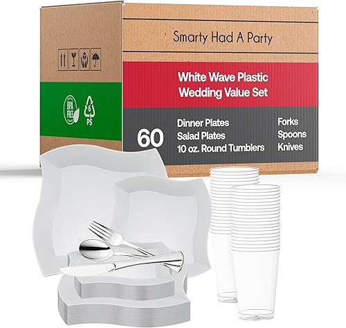 Vajilla de fiesta desechable Kaya Collection, estilo ondulado, incluye platos playos, platos de ensaladapostre, cubiertos, vasos, Blanco