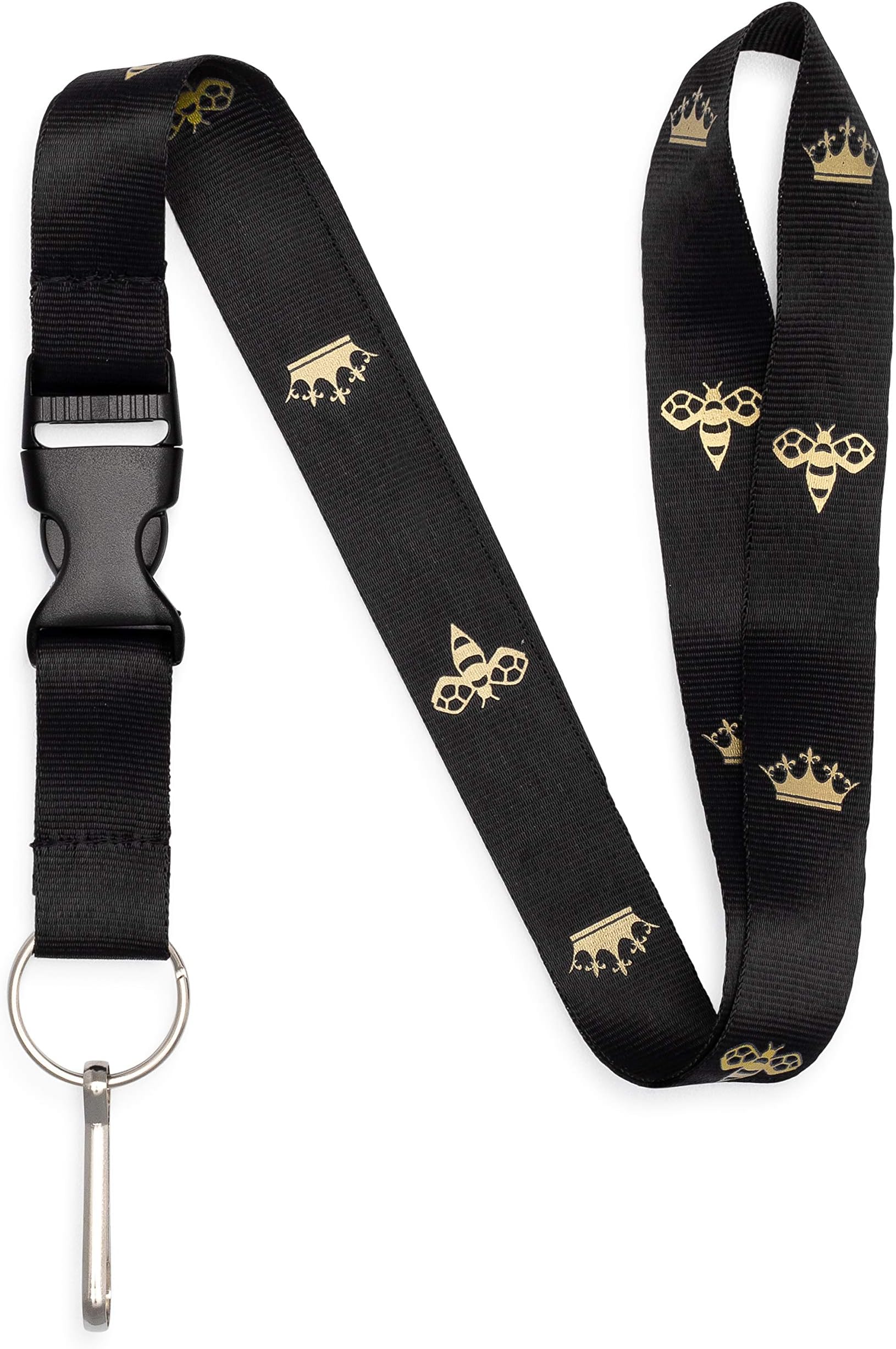 Queen Bee Lanyard Keychain and ID Holder with Detachable Buckle for Keys or Badge - Durable Black Polyester - Novelty Necklace