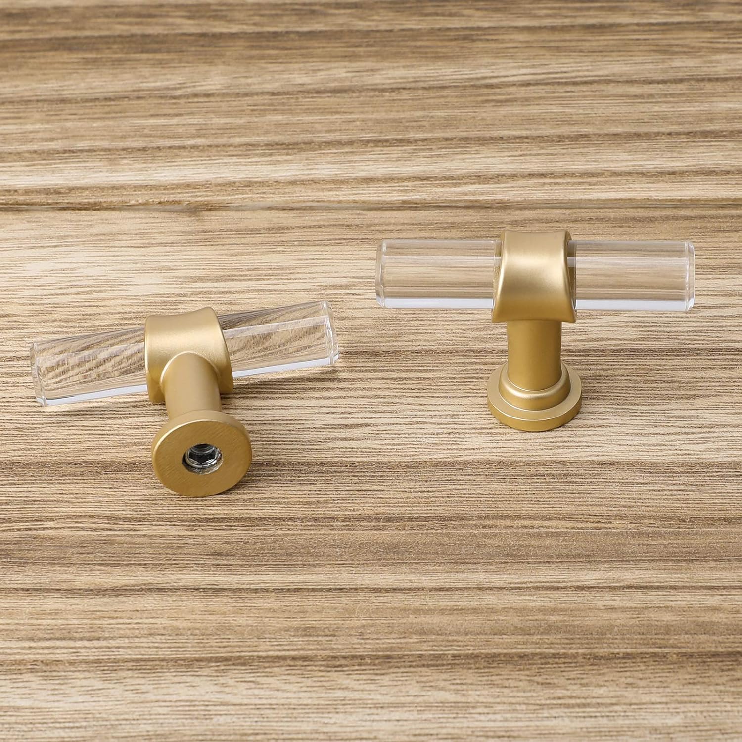 Haliwu/10 Pack Acrylic Drawer Knobs, Kitchen Cabinet Knobs Gold Knobs for Dresser 2 inch T Bar Knobs Singel Hole Crystal Knobs
