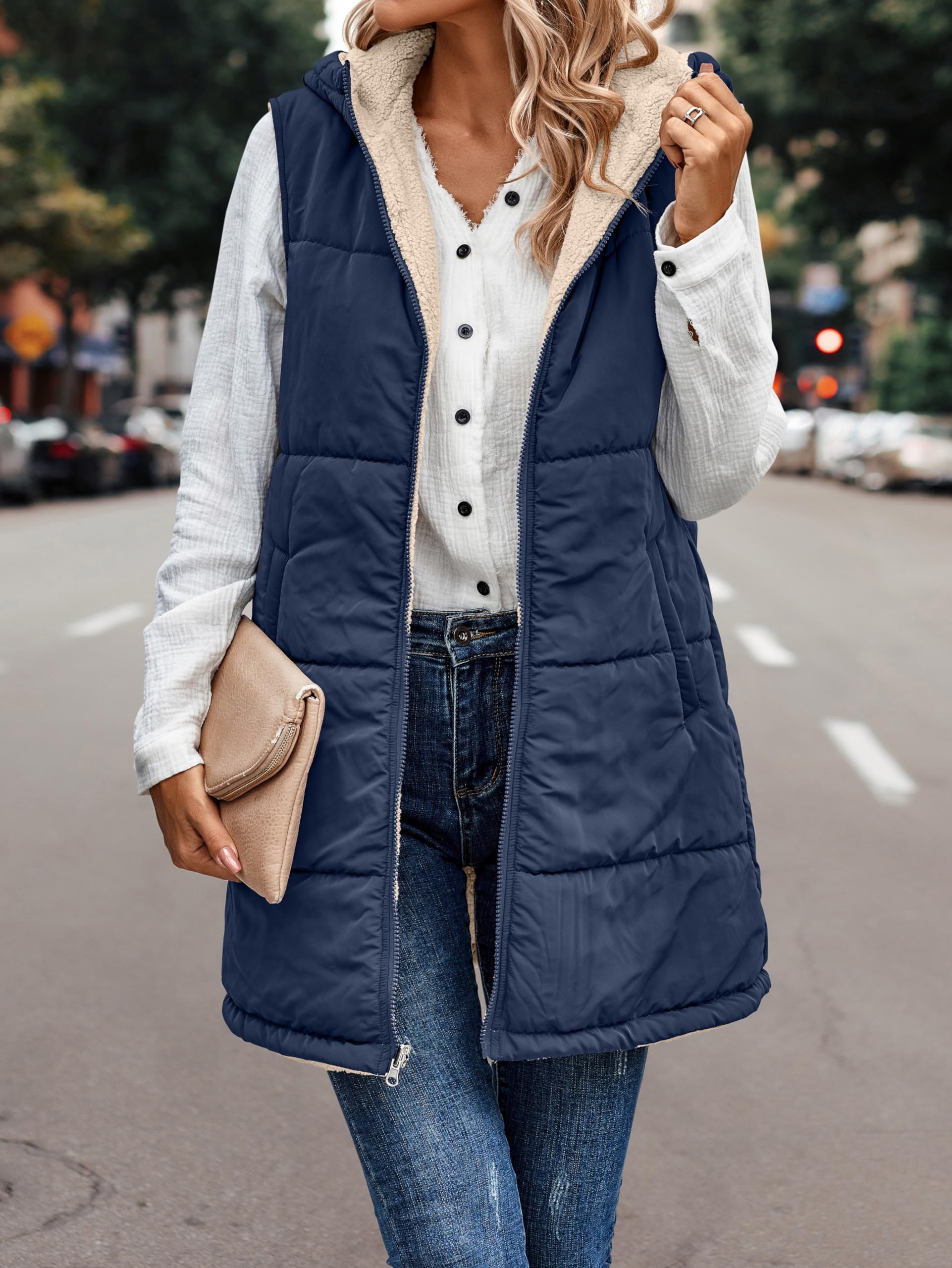 Famulily Chalecos largos de forro polar para mujer, acolchados, reversibles, sin mangas, con cremallera
