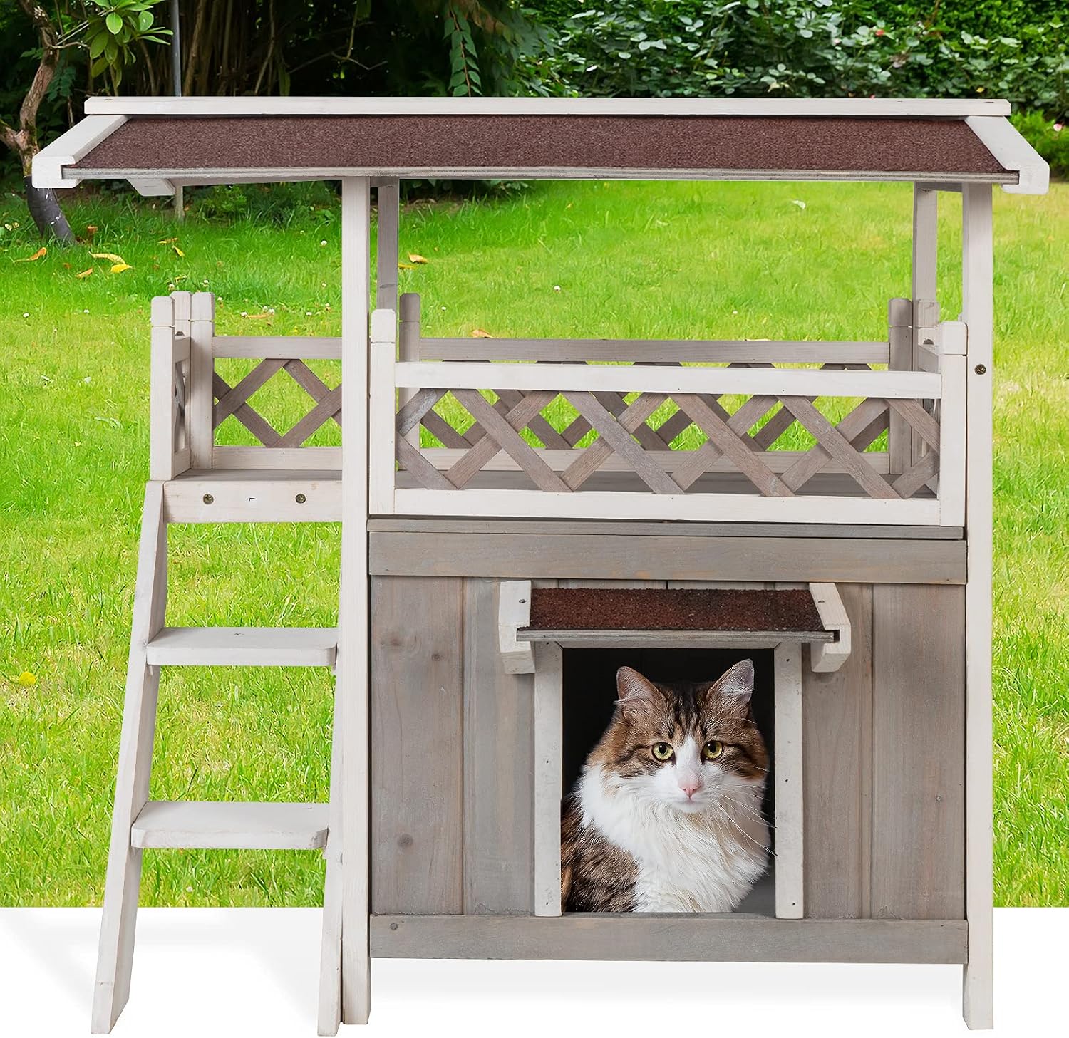 Idee 2-Story Cat House Outdoor Indoor with Balcony ,Weatherproof Outside Feral Cat Shelter Wood Pet Home for Cat,Small Animal