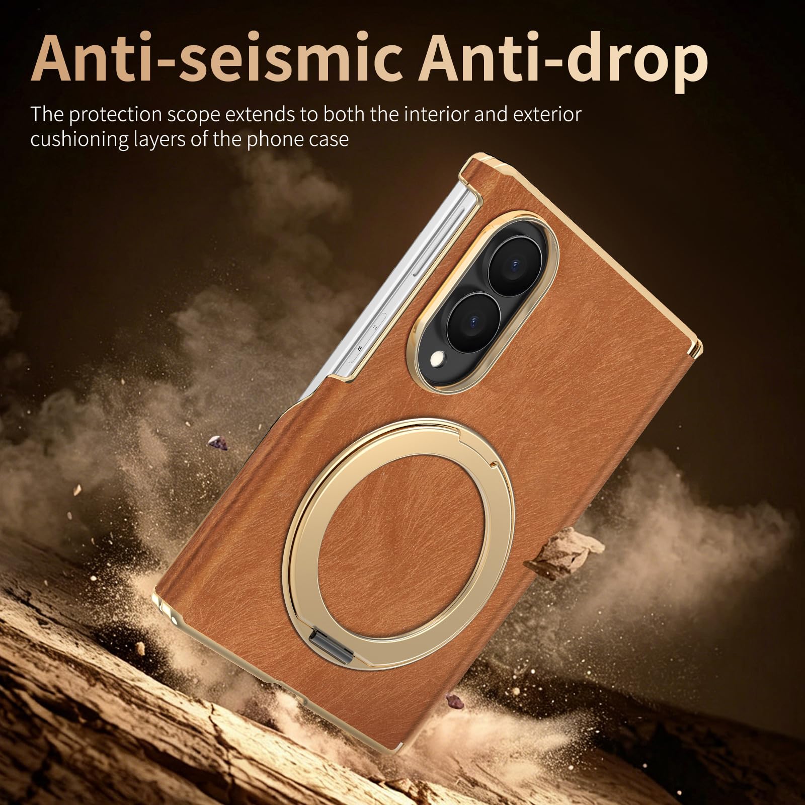 Custodia magnetica for Samsung Galaxy Z Fold 8, con supporto ad anello in metallo Custodia in pelle di protezione con cerniera galvanizzata da lavoro di lusso(Red)