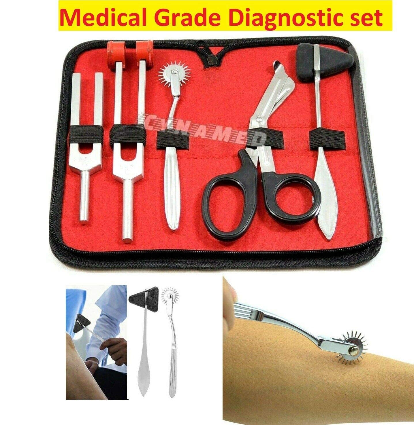 New 5 Piece Student Diagnostic Kit - Reflex Taylor Hammer and Tuning Fork Set C 128 and C 512. Includes Wartenberg Pinwheel, Premium Steel Bandage Scissor 7.5” Black