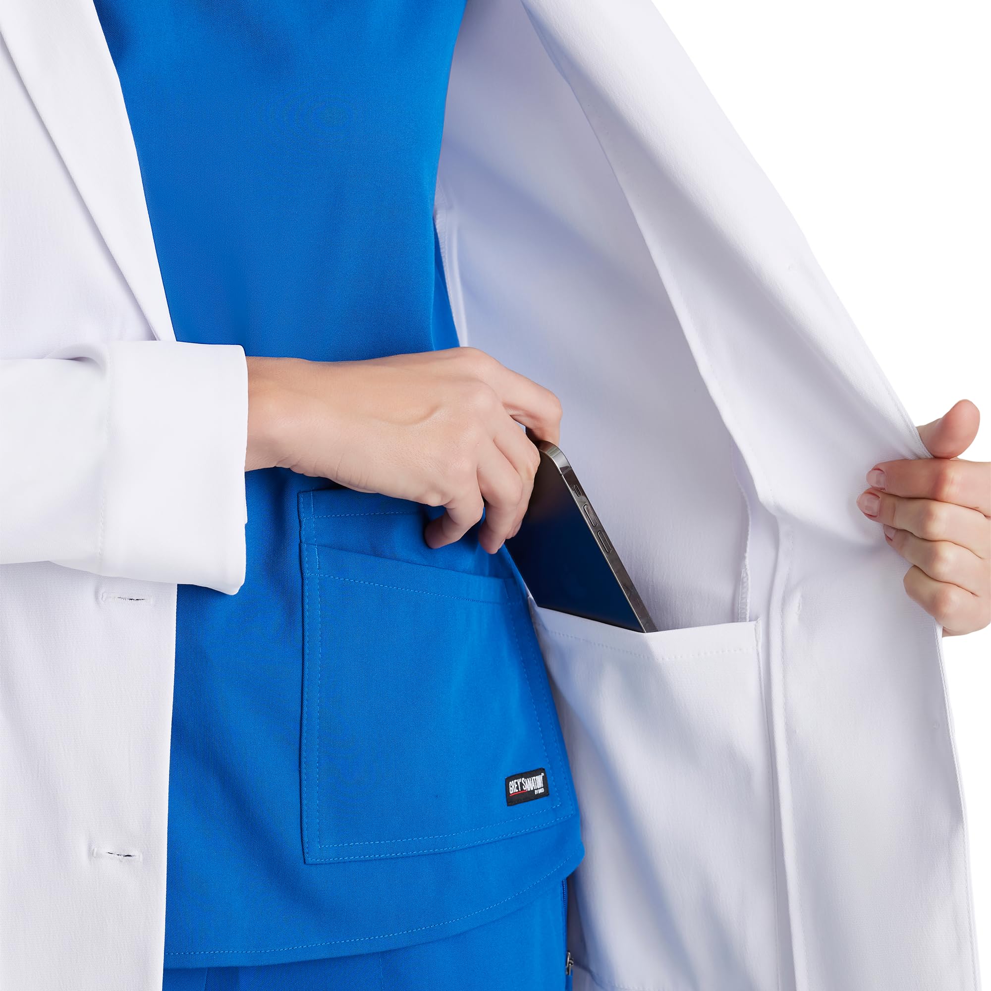 BARCO Merit - Abrigo de laboratorio para mujer, profesional, 3 bolsillos, cierre de 3 botones, manga larga, abrigo de laboratorio para mujer