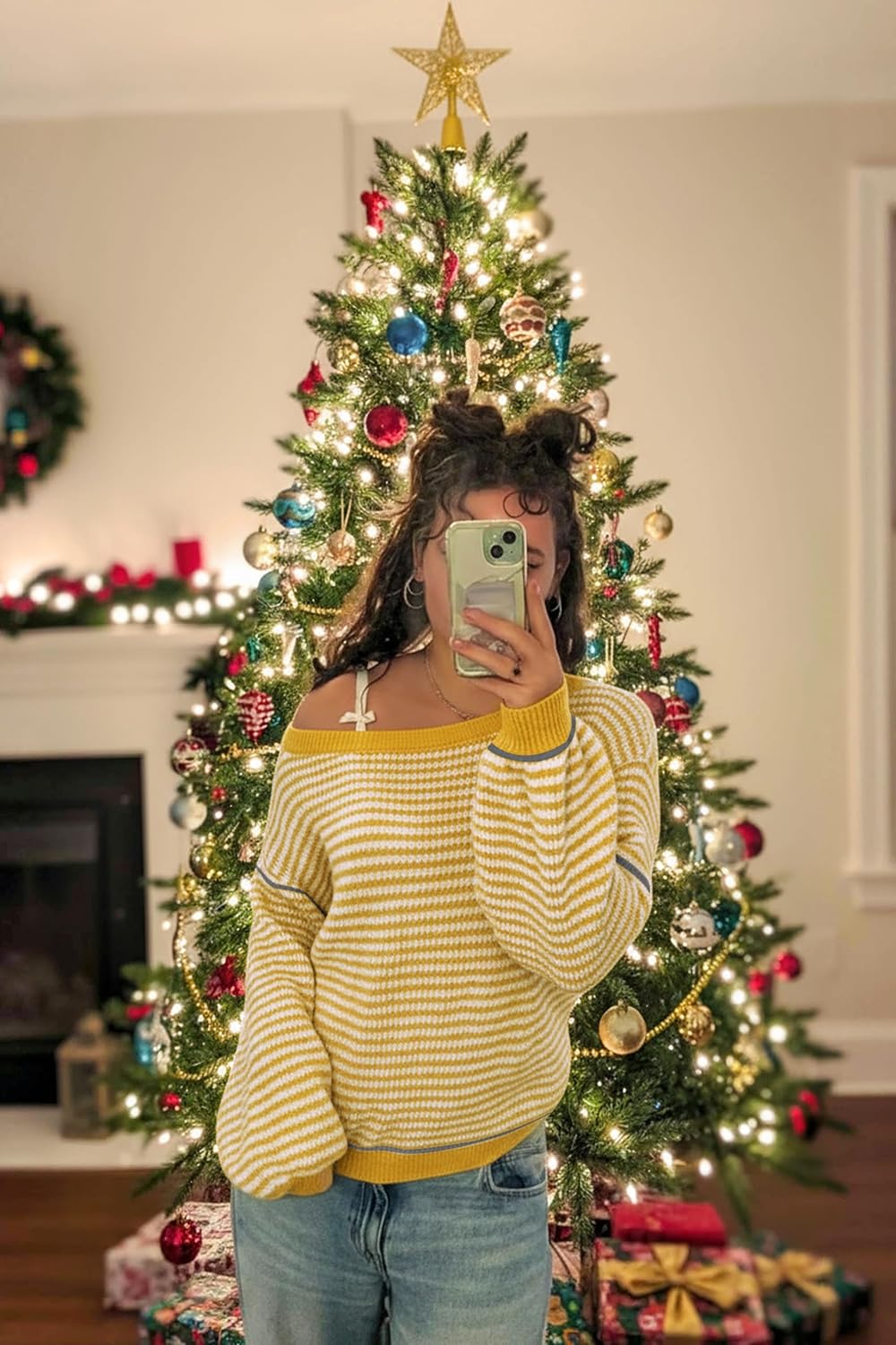 Soesdemo Womens Oversized Sweater Off The Shoulder Crewneck Striped Cute Long Sleeve Knitted Pullover Tunic Sweaters - Image 8