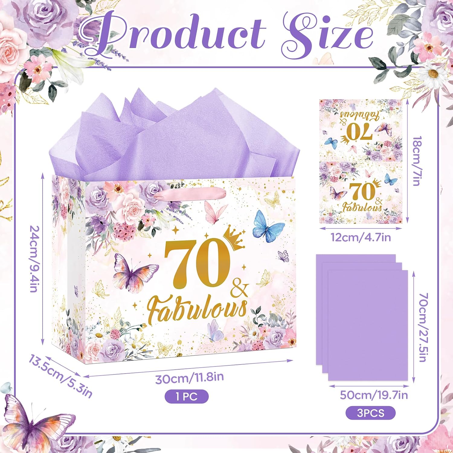 TagreSpike 70th Birthday Gift Bag Floral Butterfly Party Favor Bag with Tissue Paper and Greeting Card Purple 70 & Fabulous Wrapping Paper Bags for Women 70th Birthday Anniversary Party Supplies