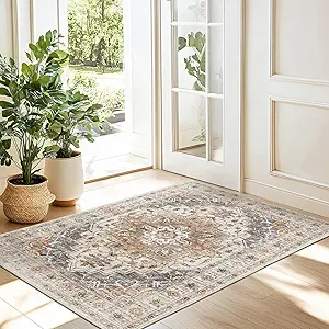 Madane Washable Area Rug 2x3, Small Entryway Rug Non-Slip Vintage Door Mat Indoor Entrance, Low Pile Floor Carpet for Inside Front Door Bedroom Kitchen Entry Laundry (2'x3', Turmeric/Grey)