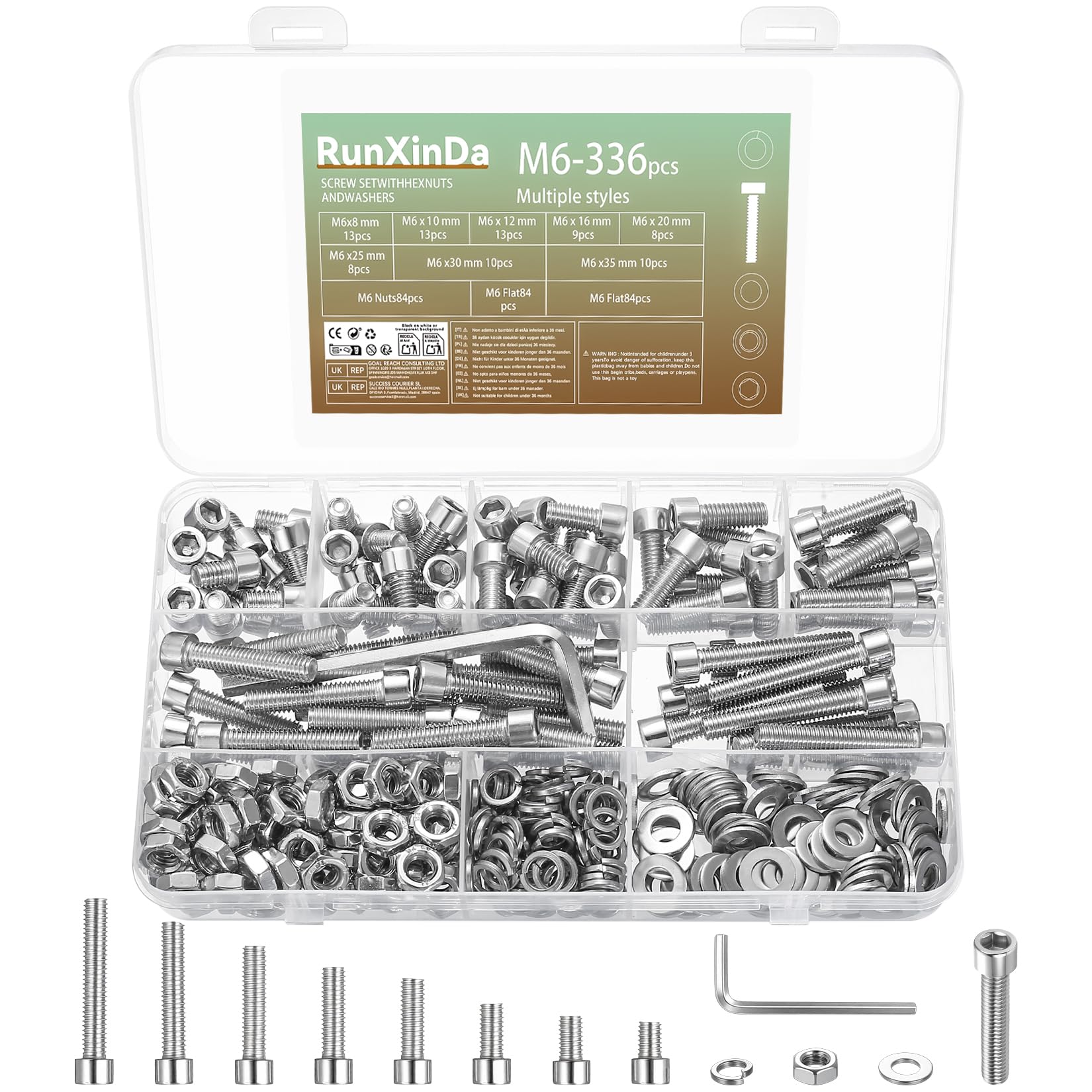 RunXinDa336 Pcs M6 Bolts and Nuts Set, Hex Socket Button Head Cap Screws Assortment Kit, Stainless Steel Replacement Machine Fastener Screws Bolts Nuts Sets for DIY & Repair
