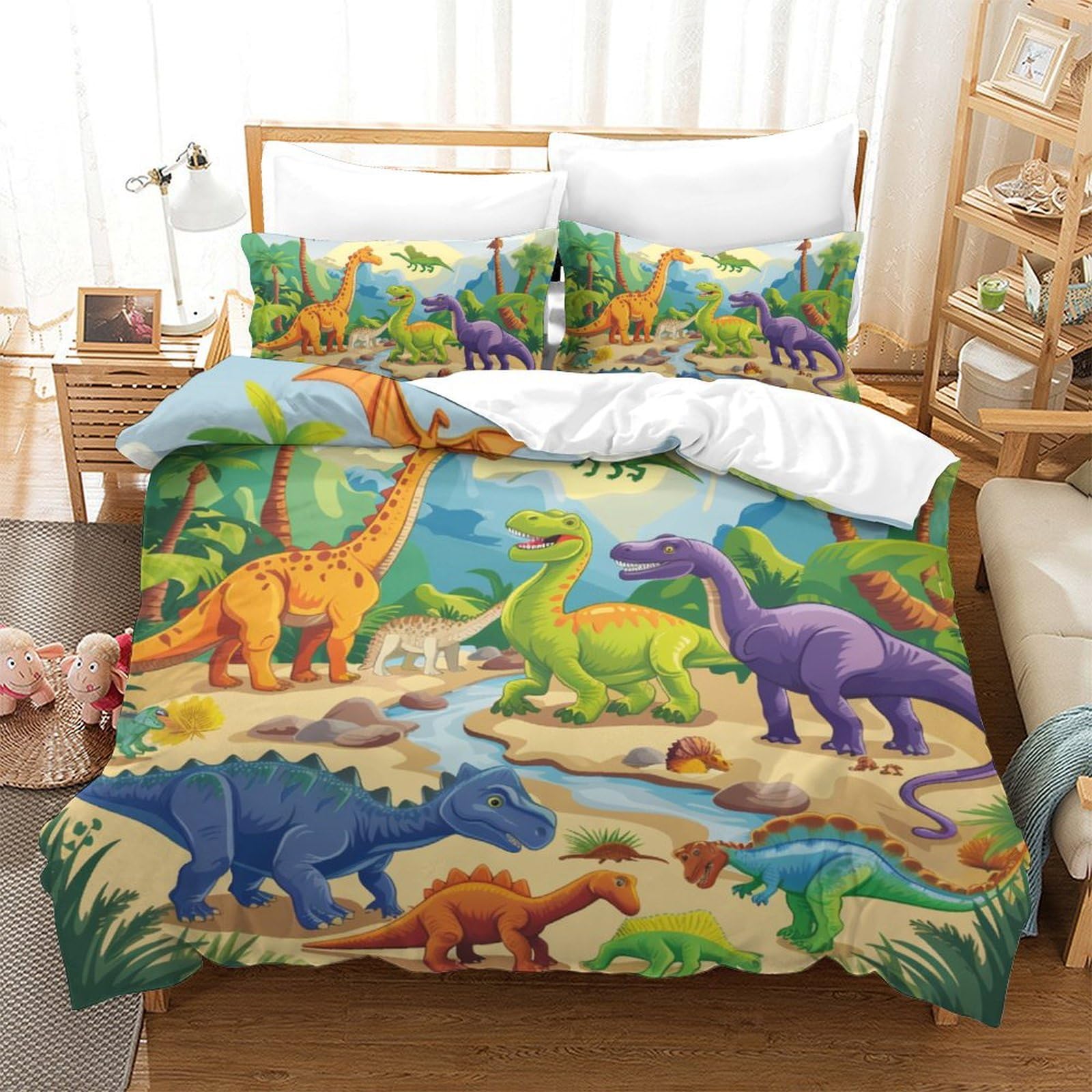 Housse de couette dinosaure 200x200 parure de lit microfine ado avec taie d'oreiller